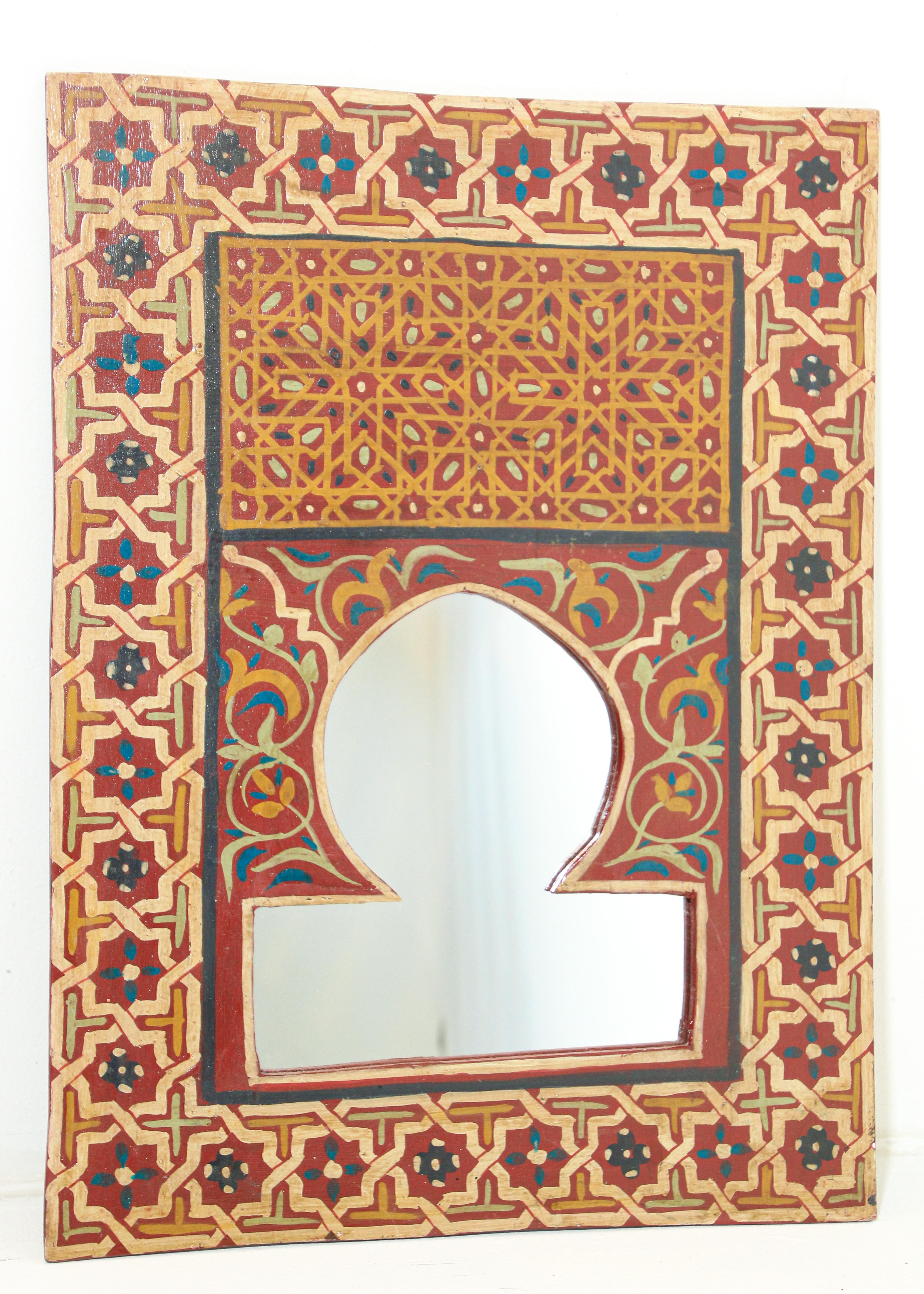 Hand-Carved Vintage Moroccan Mirror Hand Painted with Red and Amber Moorish Design For Sale