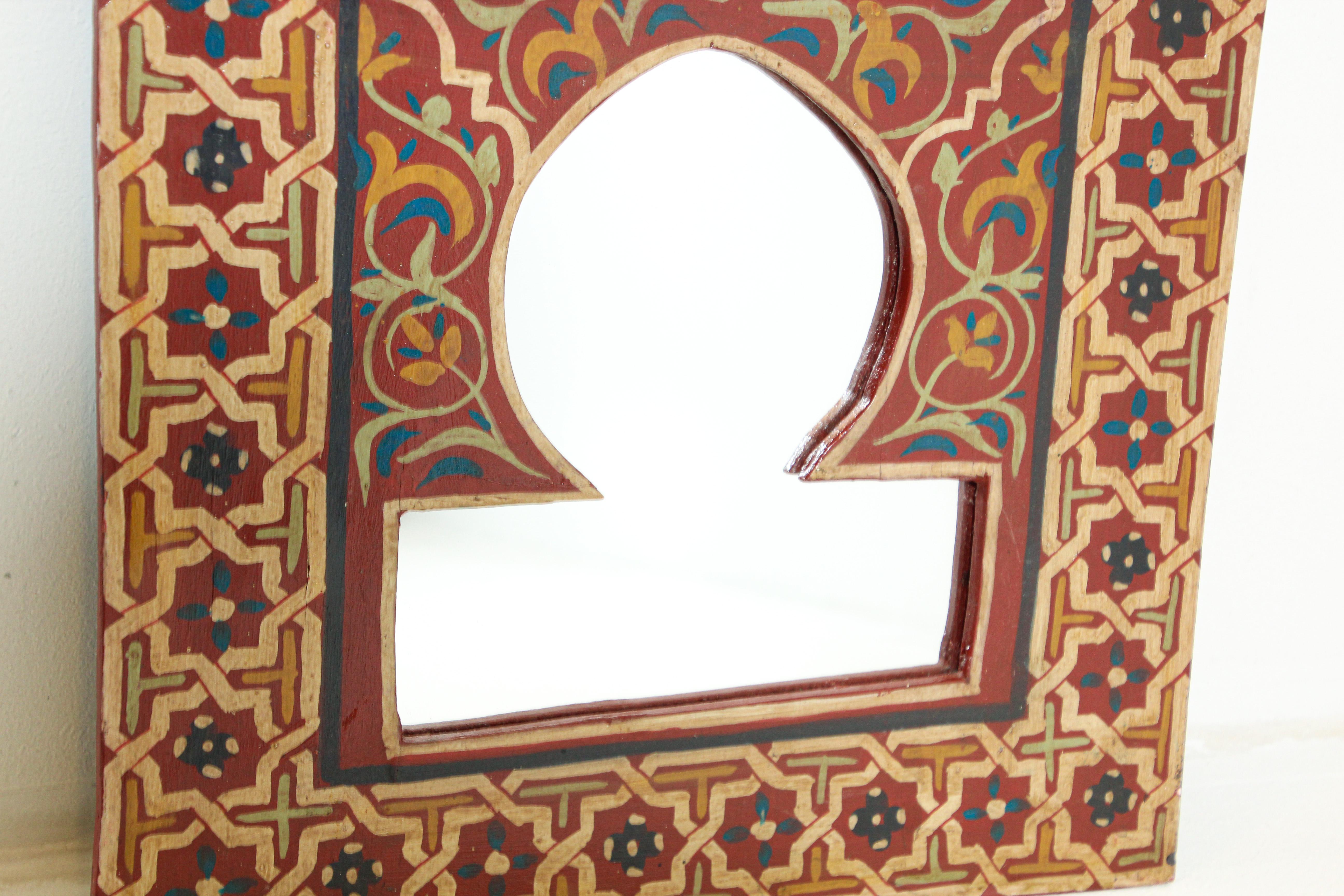 Vintage Moroccan Mirror Hand Painted with Red and Amber Moorish Design For Sale 1