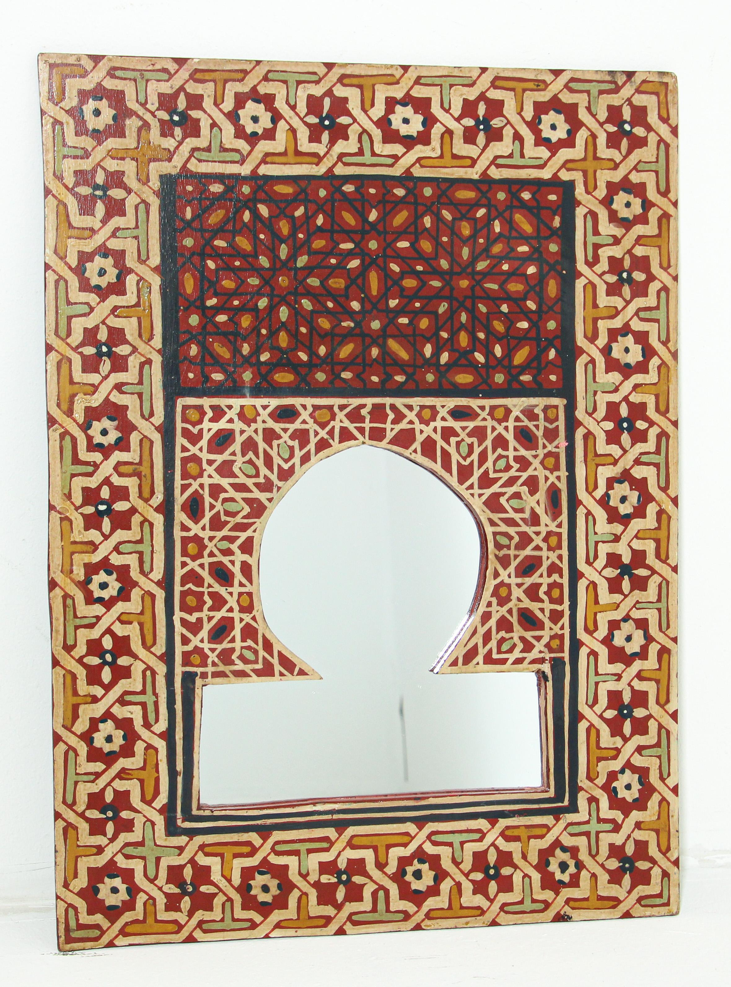 Vintage Moroccan Mirror Hand Painted with Red Moorish Design For Sale 5