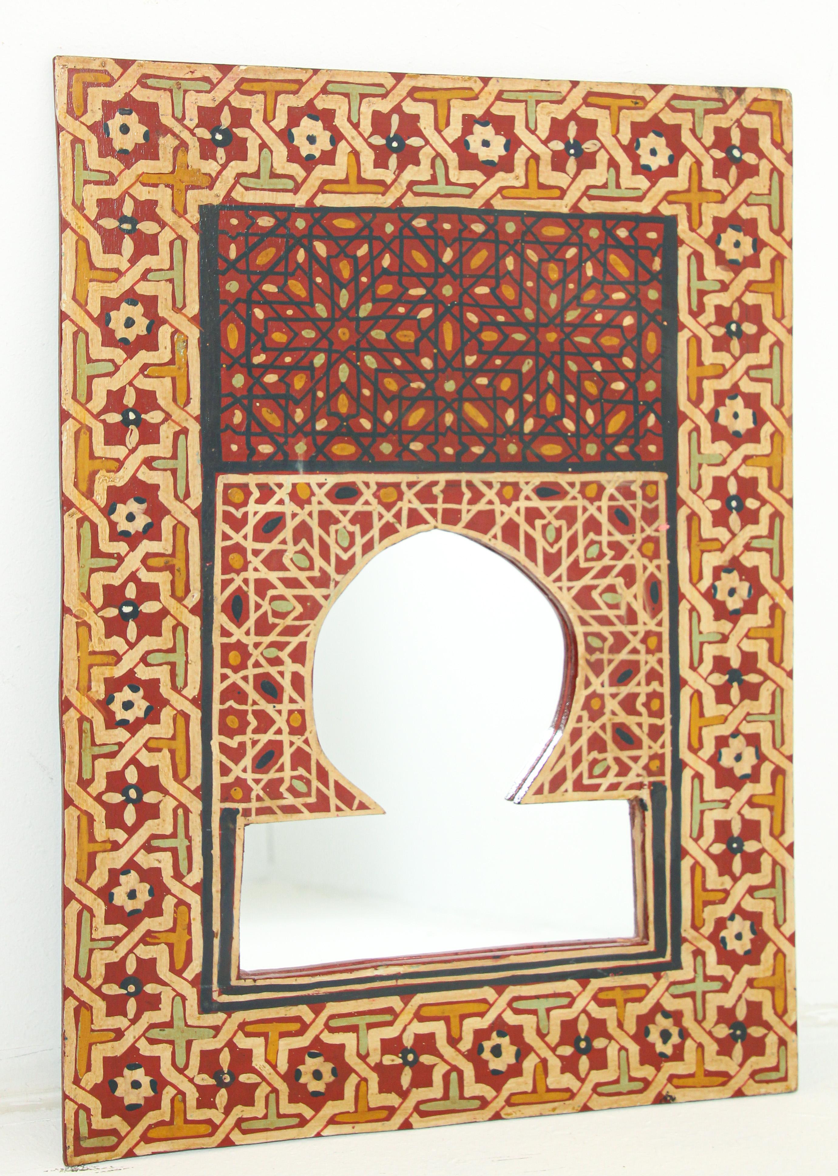 Vintage Moroccan Mirror Hand Painted with Red Moorish Design For Sale 6