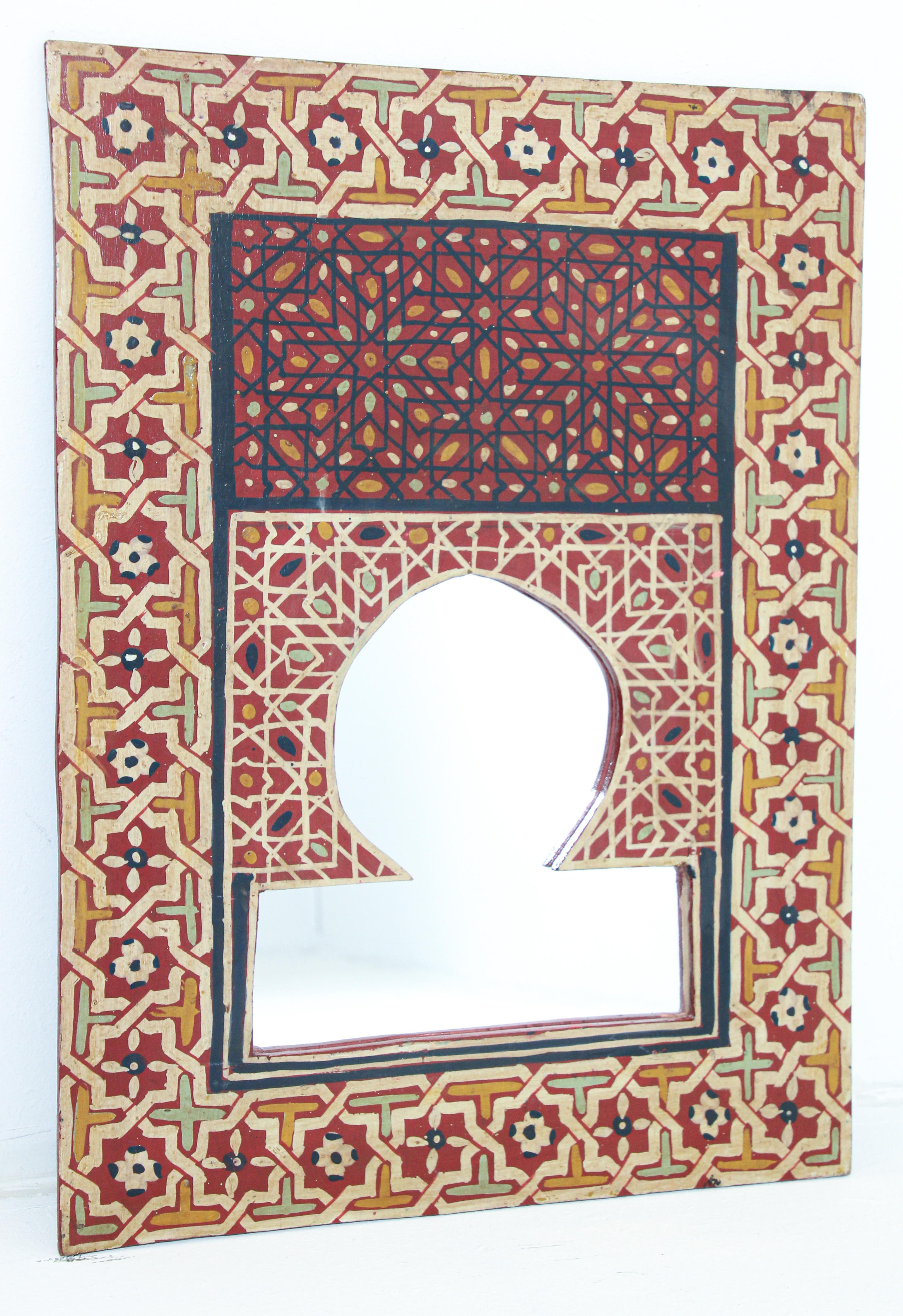 Vintage Moroccan Mirror Hand Painted with Red Moorish Design For Sale 7