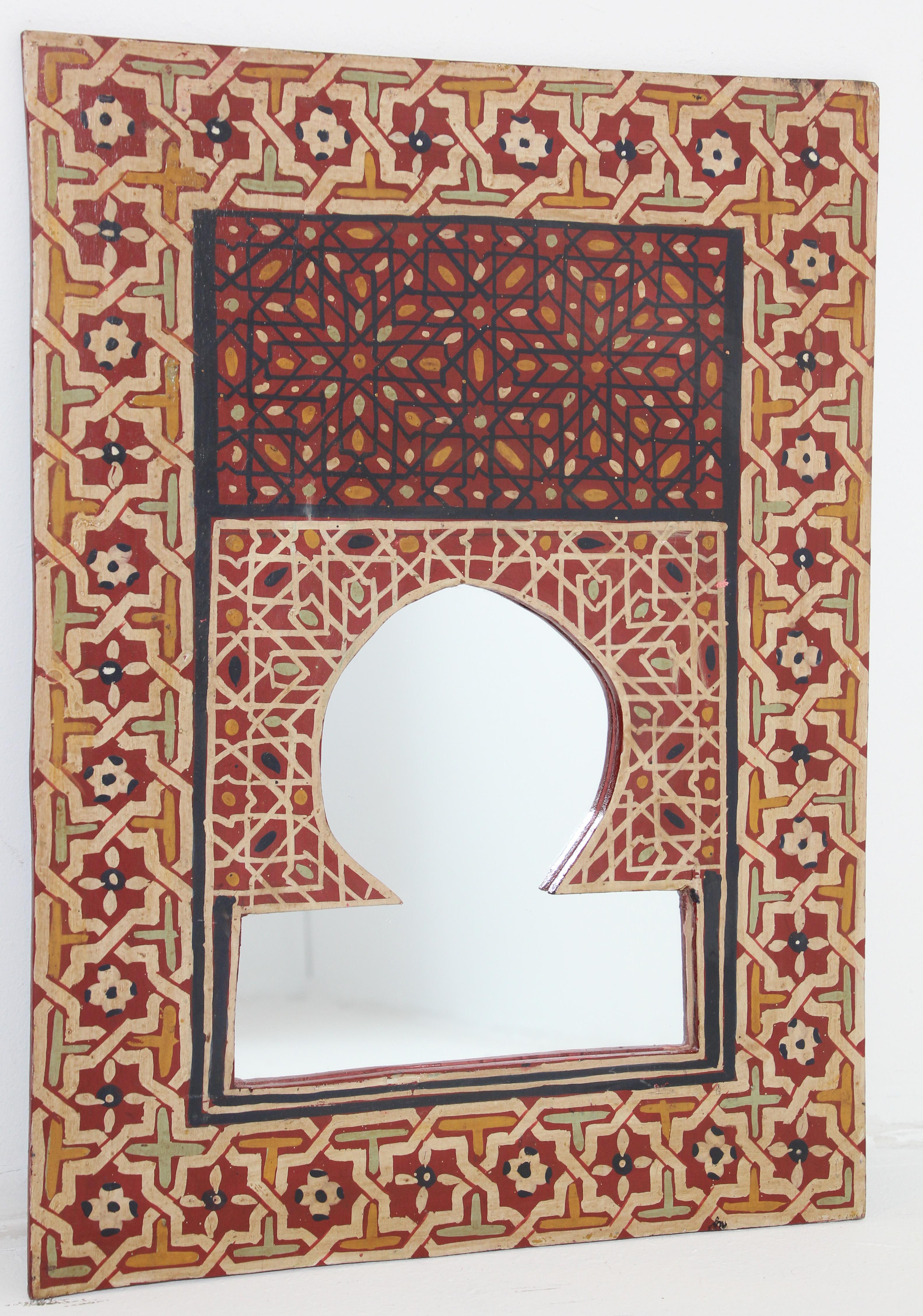 Vintage Moroccan Mirror Hand Painted with Red Moorish Design For Sale 10