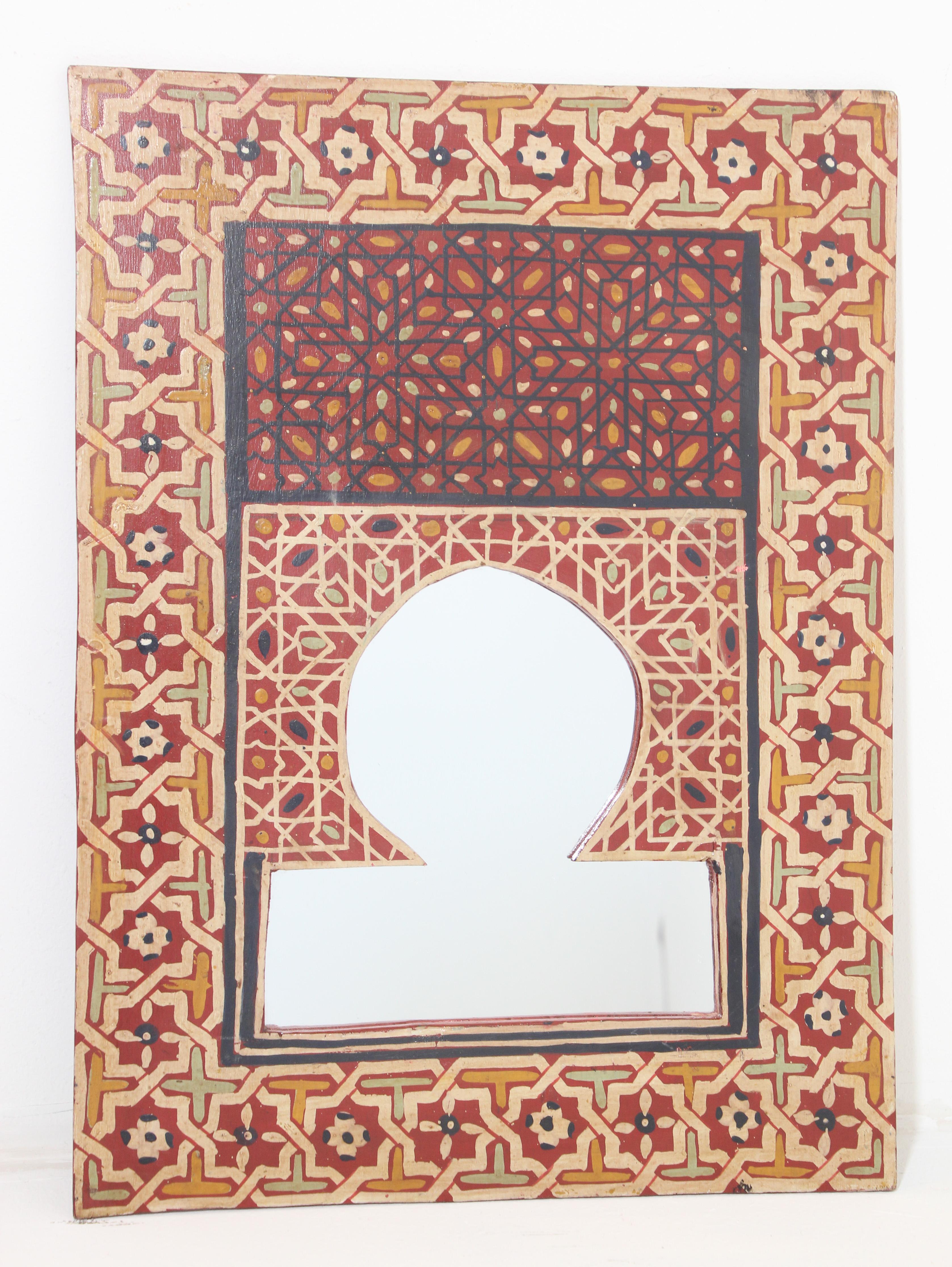 Vintage Moroccan Mirror Hand Painted with Red Moorish Design For Sale 11