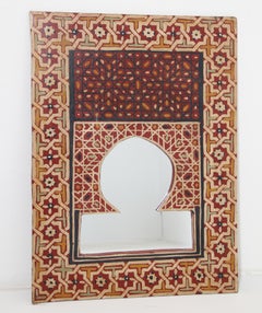 Miroir marocain vintage peint à la main avec un motif mauresque rouge