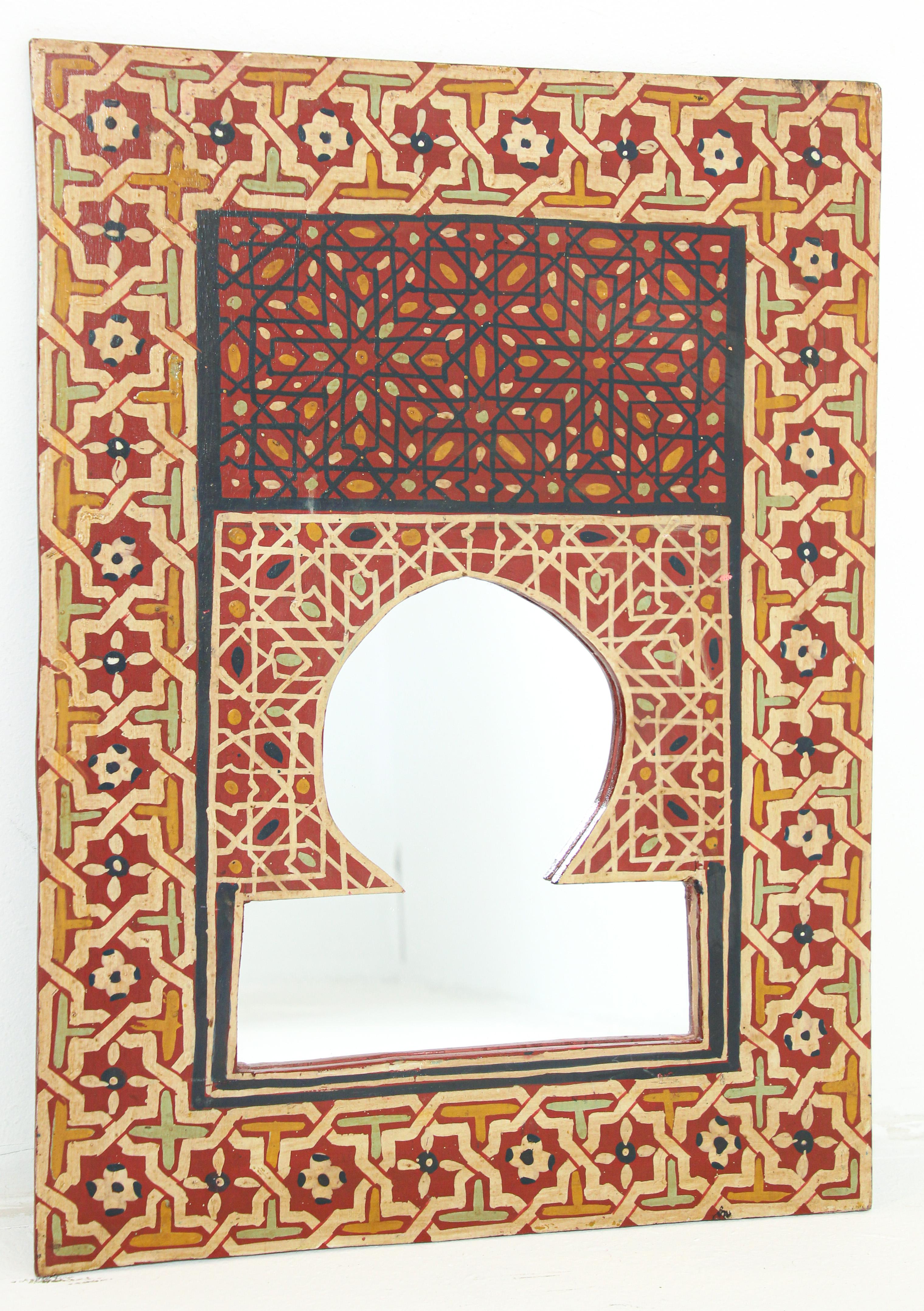 Hand-Carved Vintage Moroccan Mirror Hand Painted with Red Moorish Design For Sale