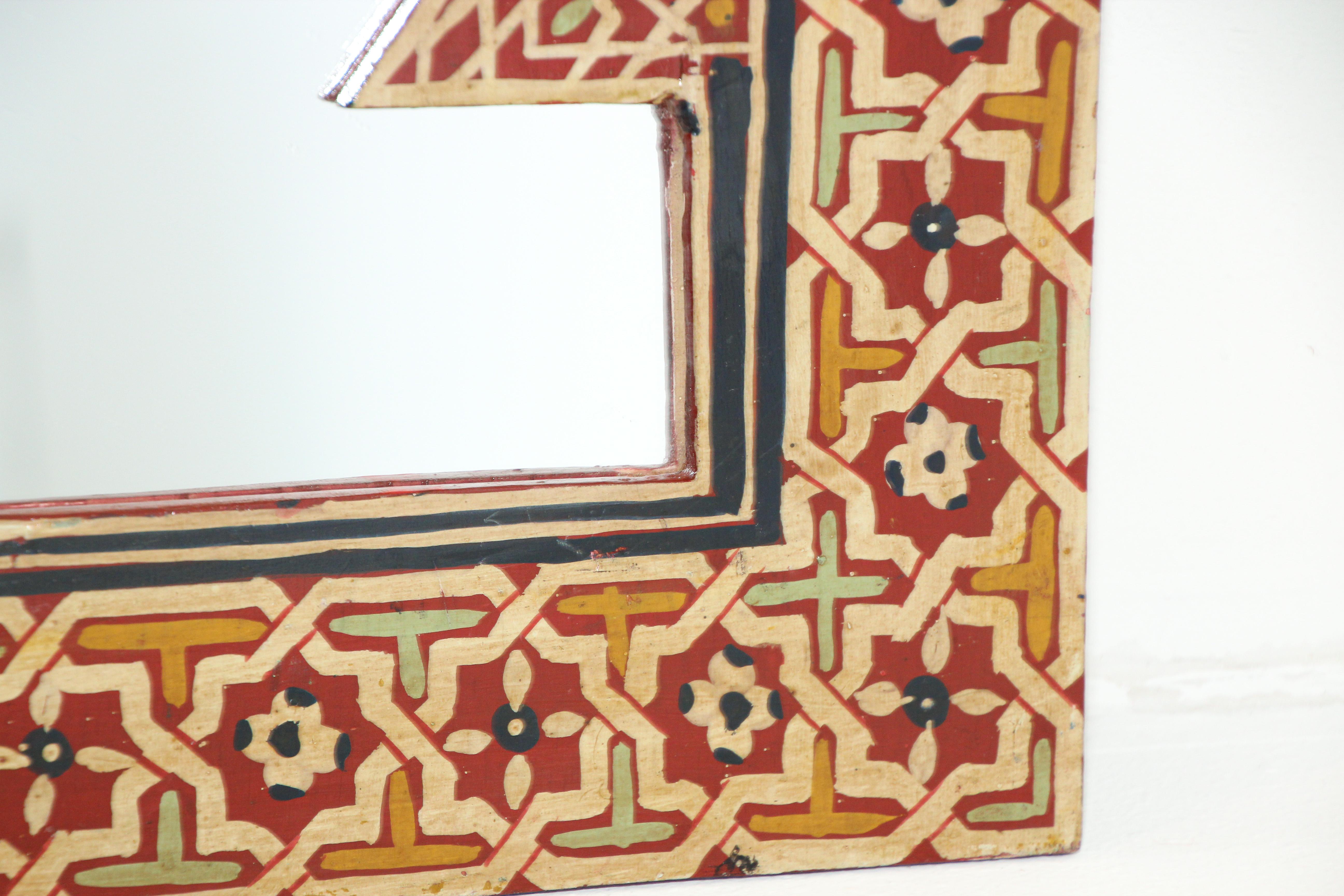 Vintage Moroccan Mirror Hand Painted with Red Moorish Design For Sale 4