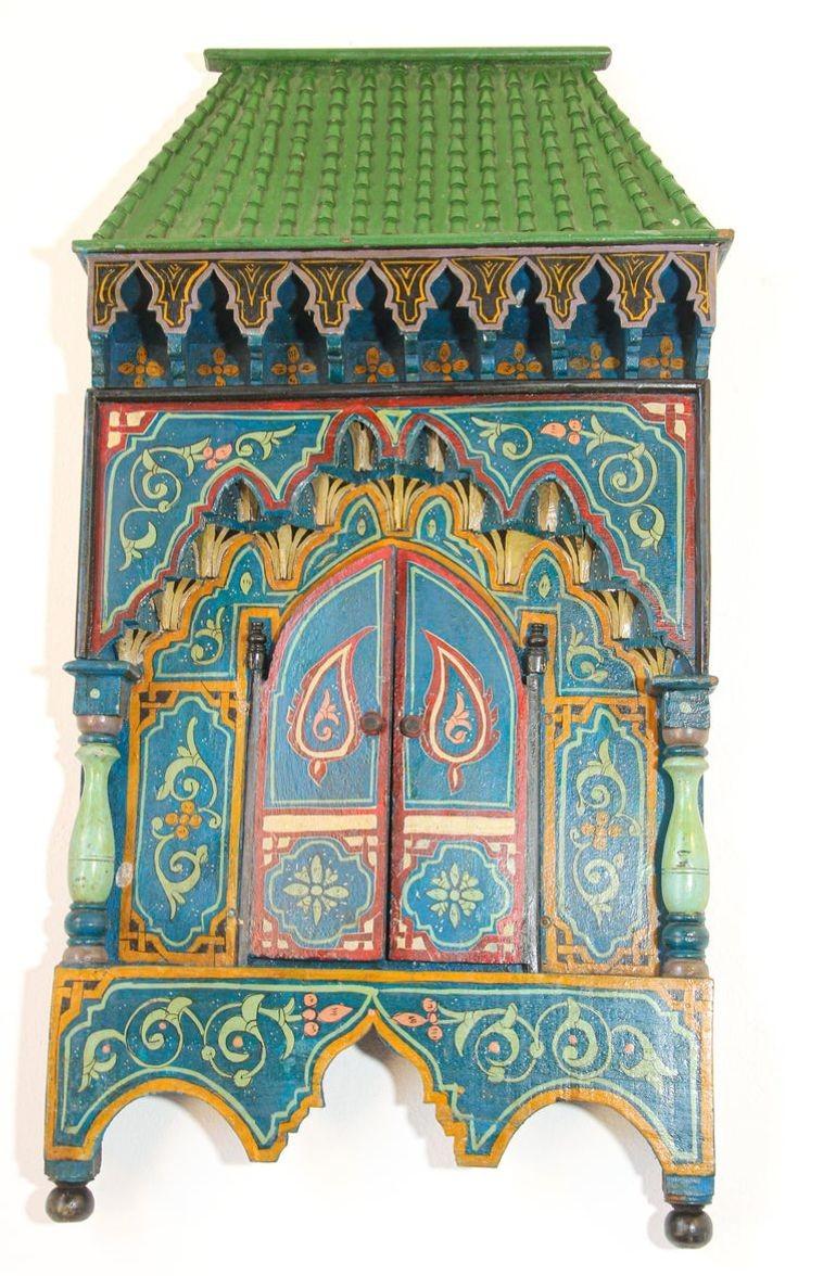 Hand-Painted Vintage Moroccan Mirror Shaped as a Moorish Window