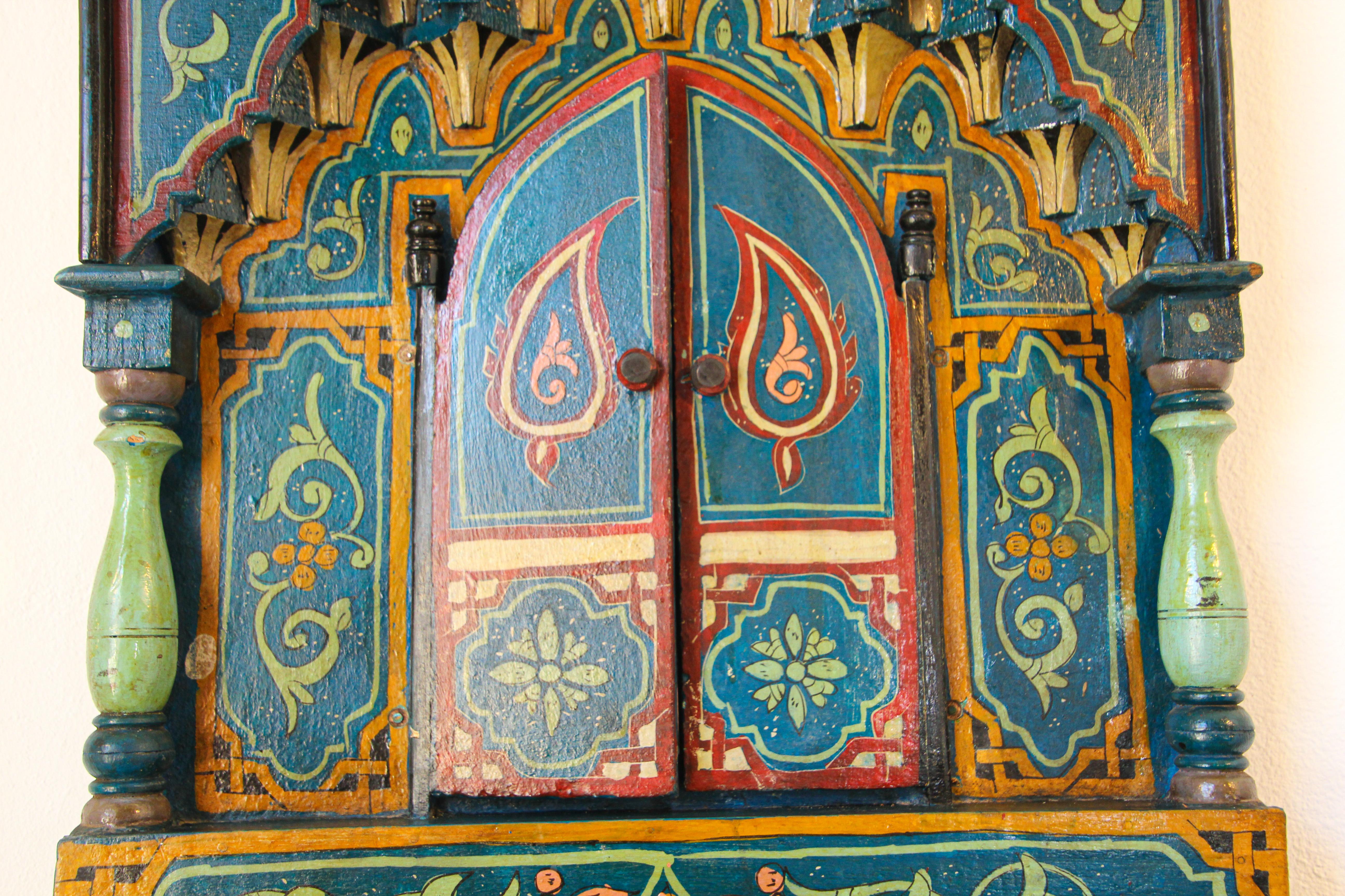 Hand-Painted Vintage Moroccan Mirror Shaped as a Moorish Window