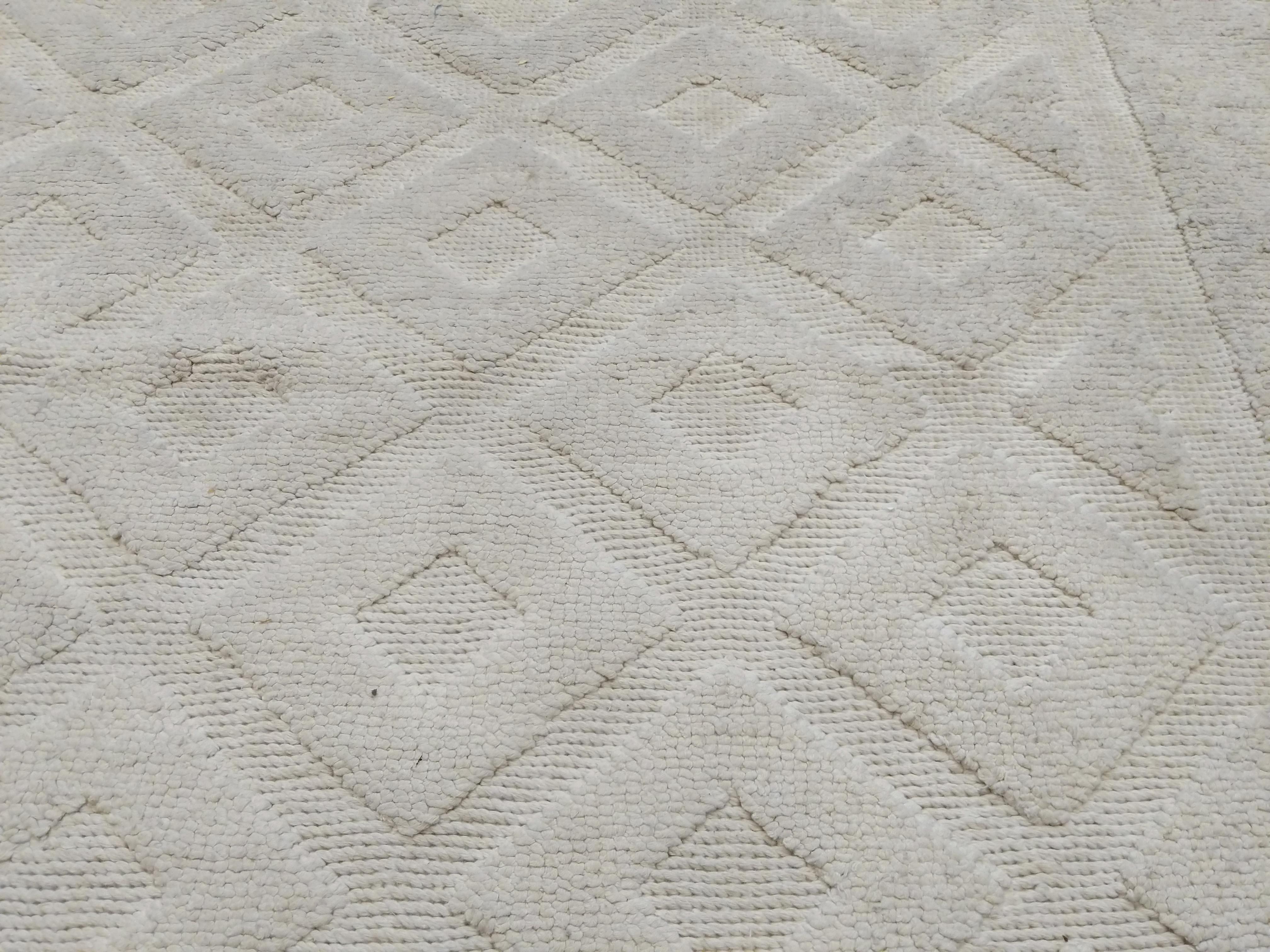 Hand-Knotted Vintage Moroccan Modernist Textural Ivory Cotton Square Rug For Sale