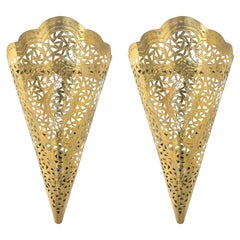 Vintage Moroccan Moorish Brass Cone Shaped Wall Sconce Shade, a Pair