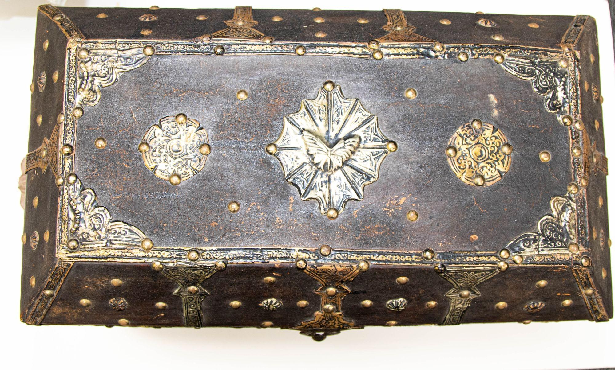 Vintage Moroccan Moorish Leather Clad Large Dowry Trunk For Sale 5