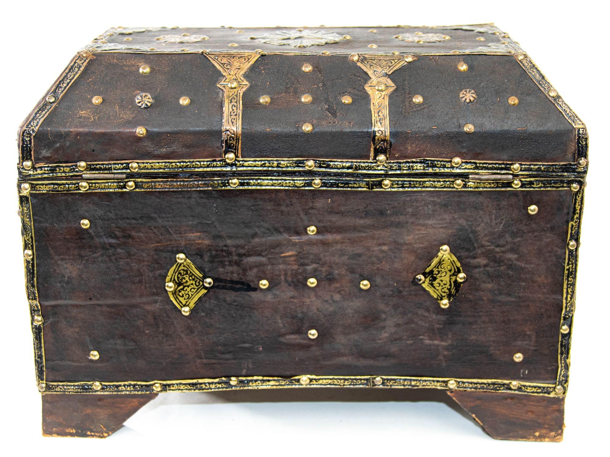 Vintage Moroccan Moorish Leather Clad Large Dowry Trunk For Sale 14