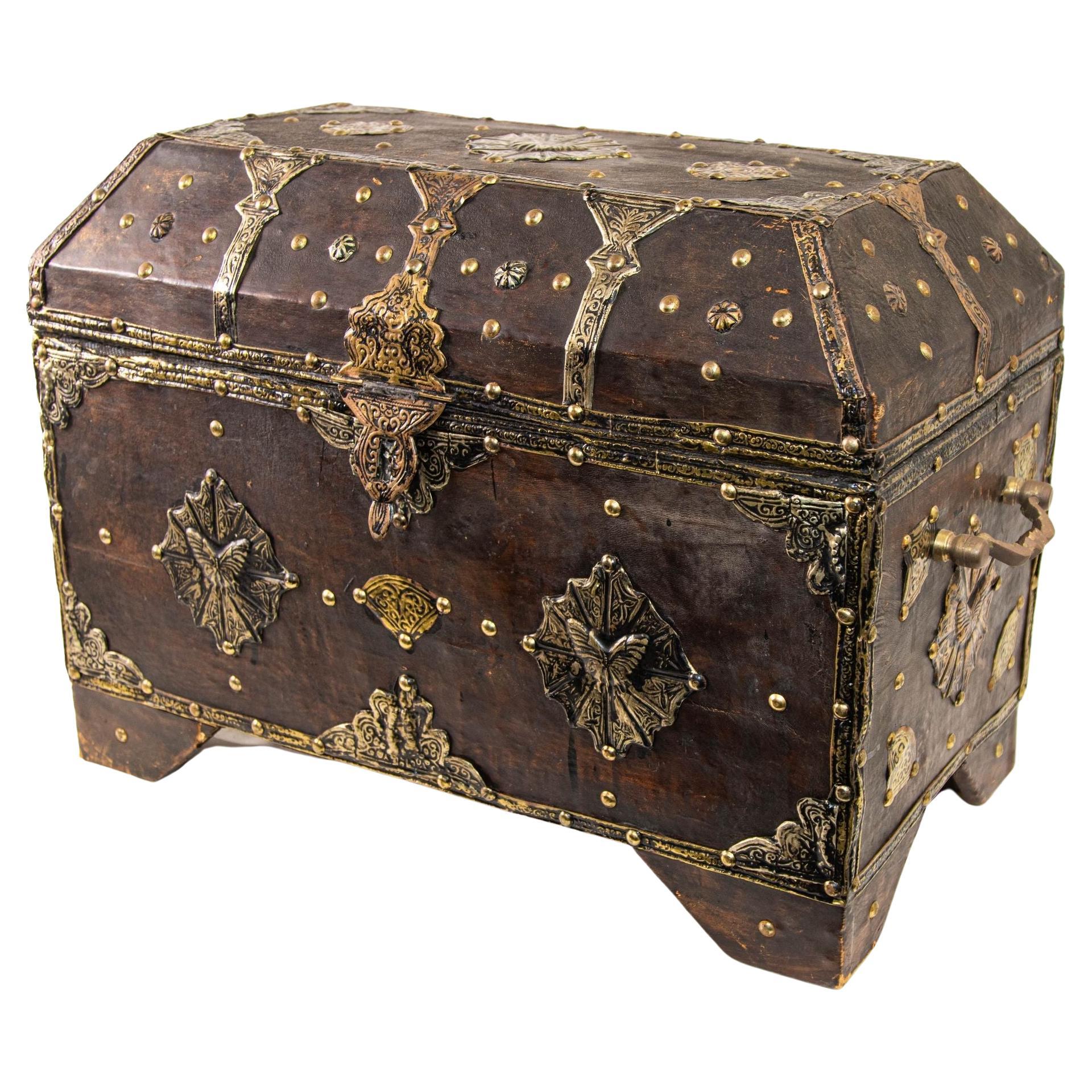 Vintage Moroccan Moorish Leather Clad Large Dowry Trunk For Sale