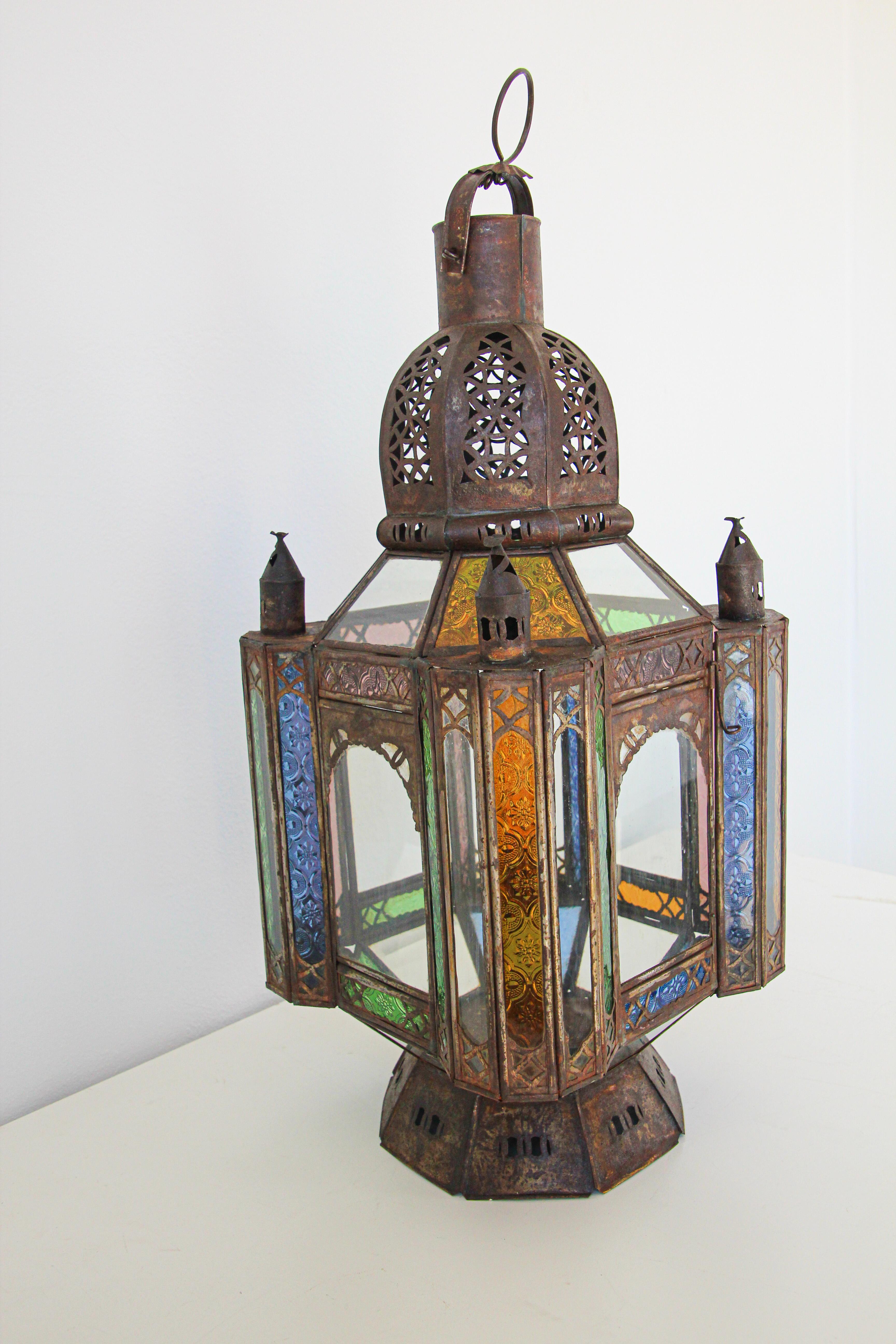 Vintage Moroccan Moorish Metal and Glass Candle Lantern 2
