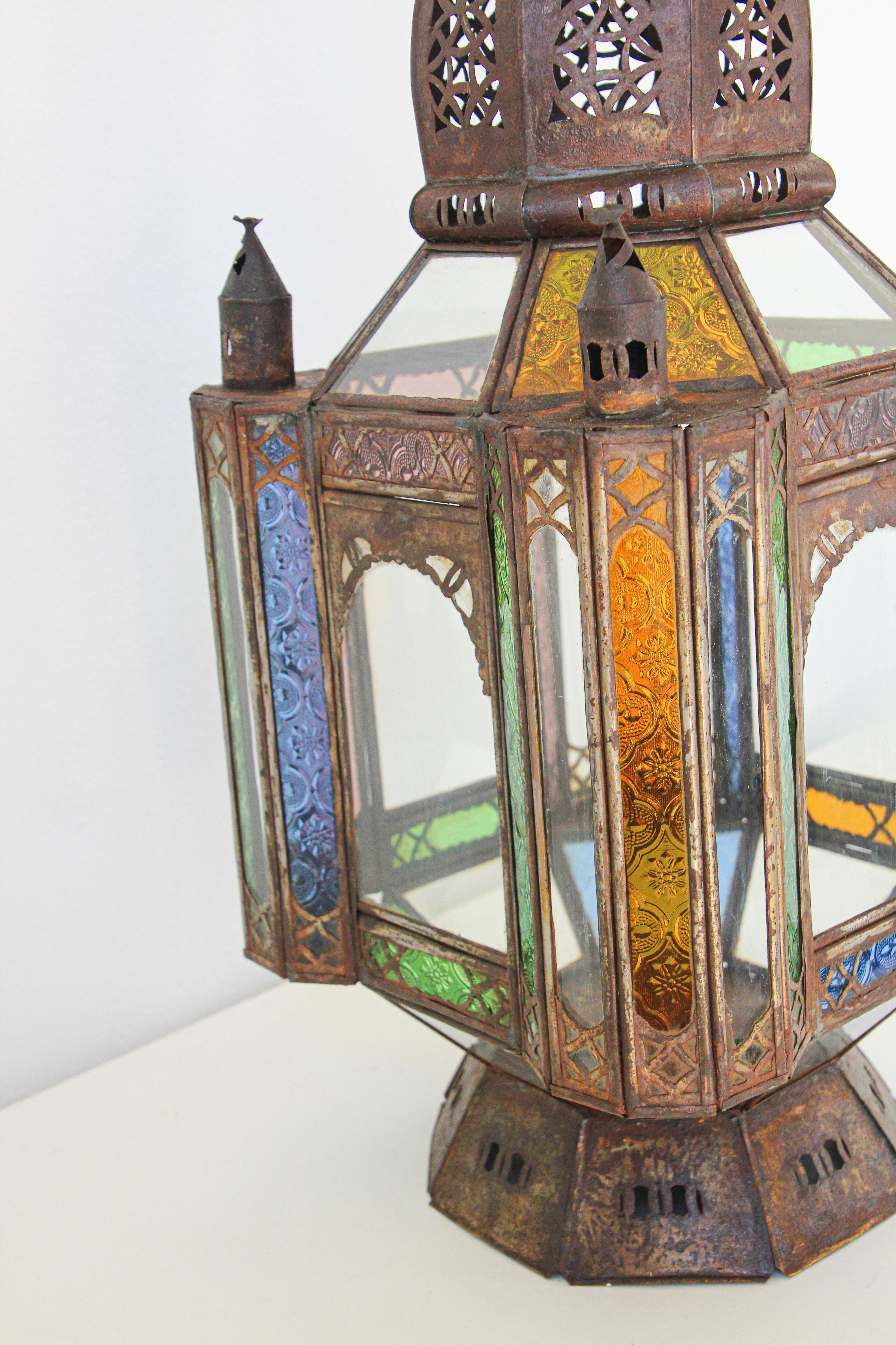 Vintage Moroccan Moorish Metal and Glass Candle Lantern 3