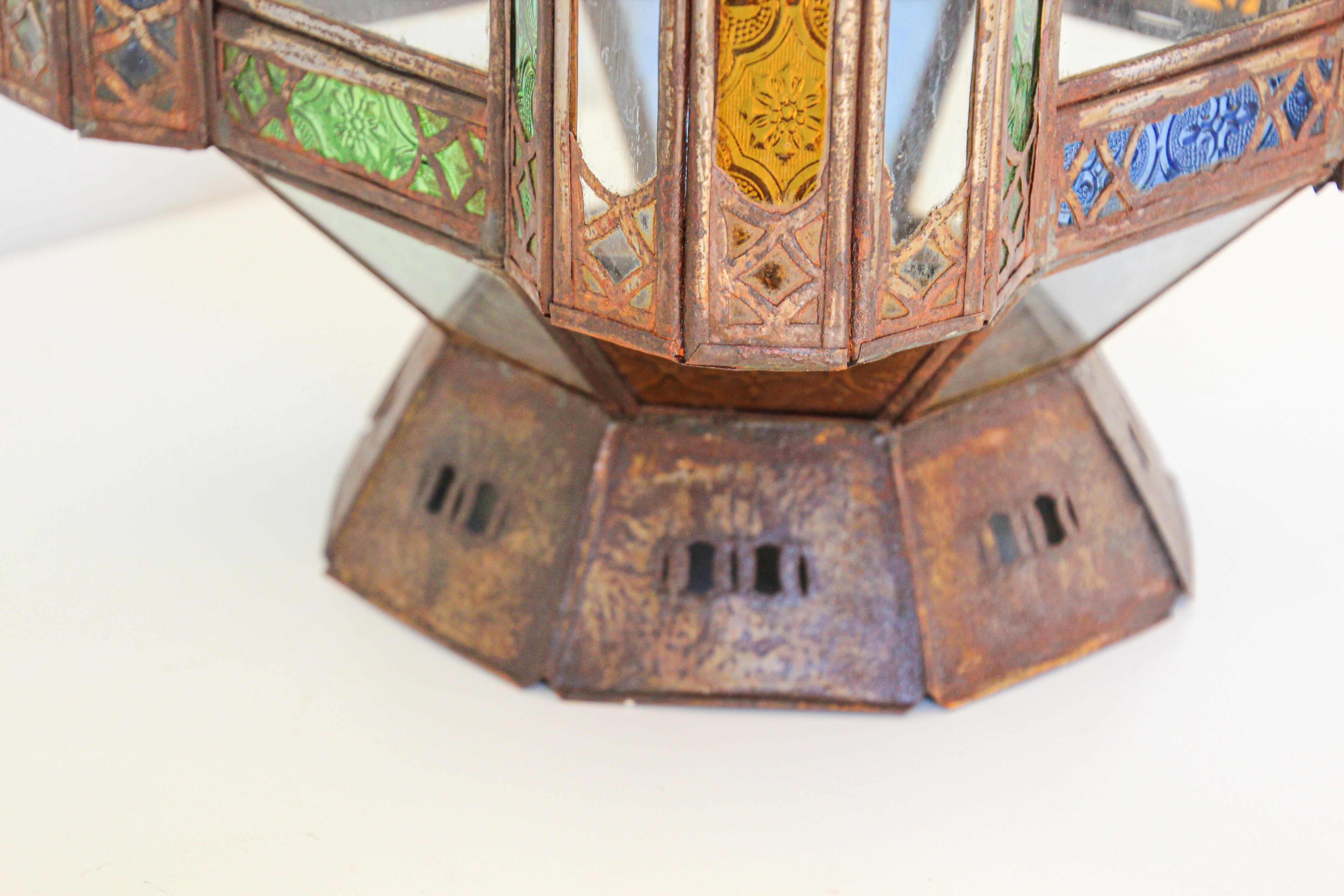 Vintage Moroccan Moorish Metal and Glass Candle Lantern 4