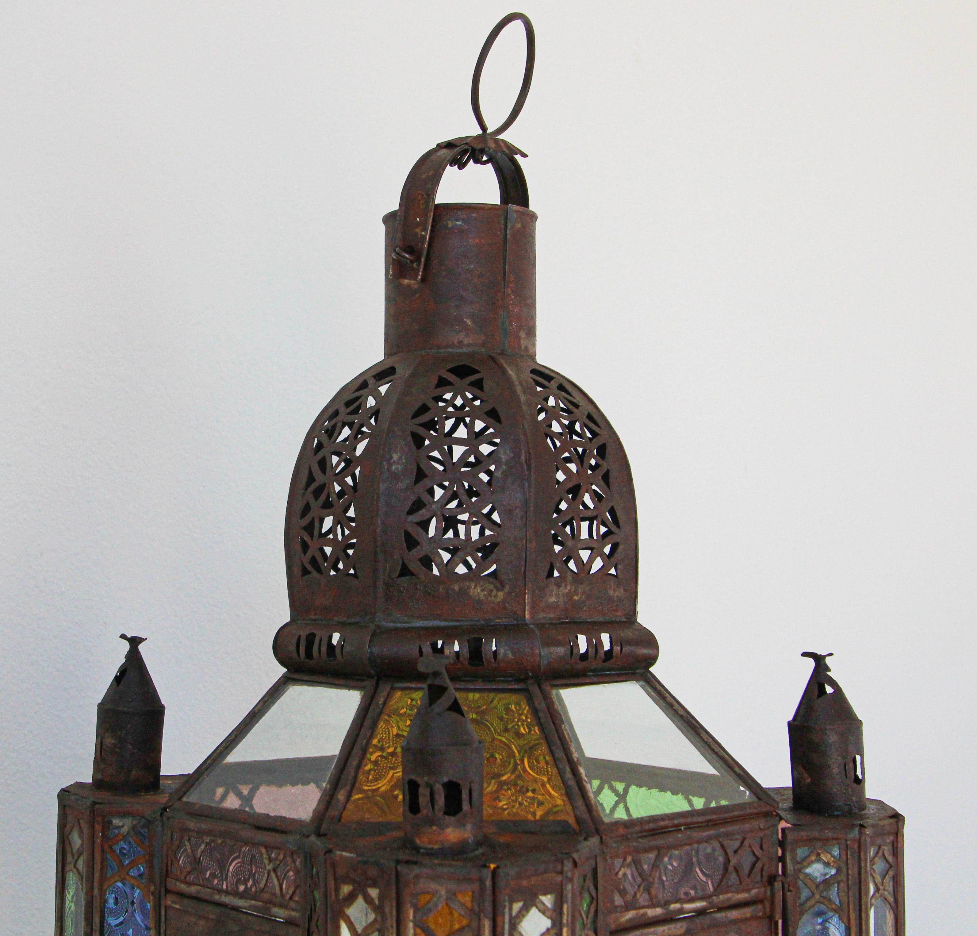 Vintage Moroccan Moorish Metal and Glass Candle Lantern 5