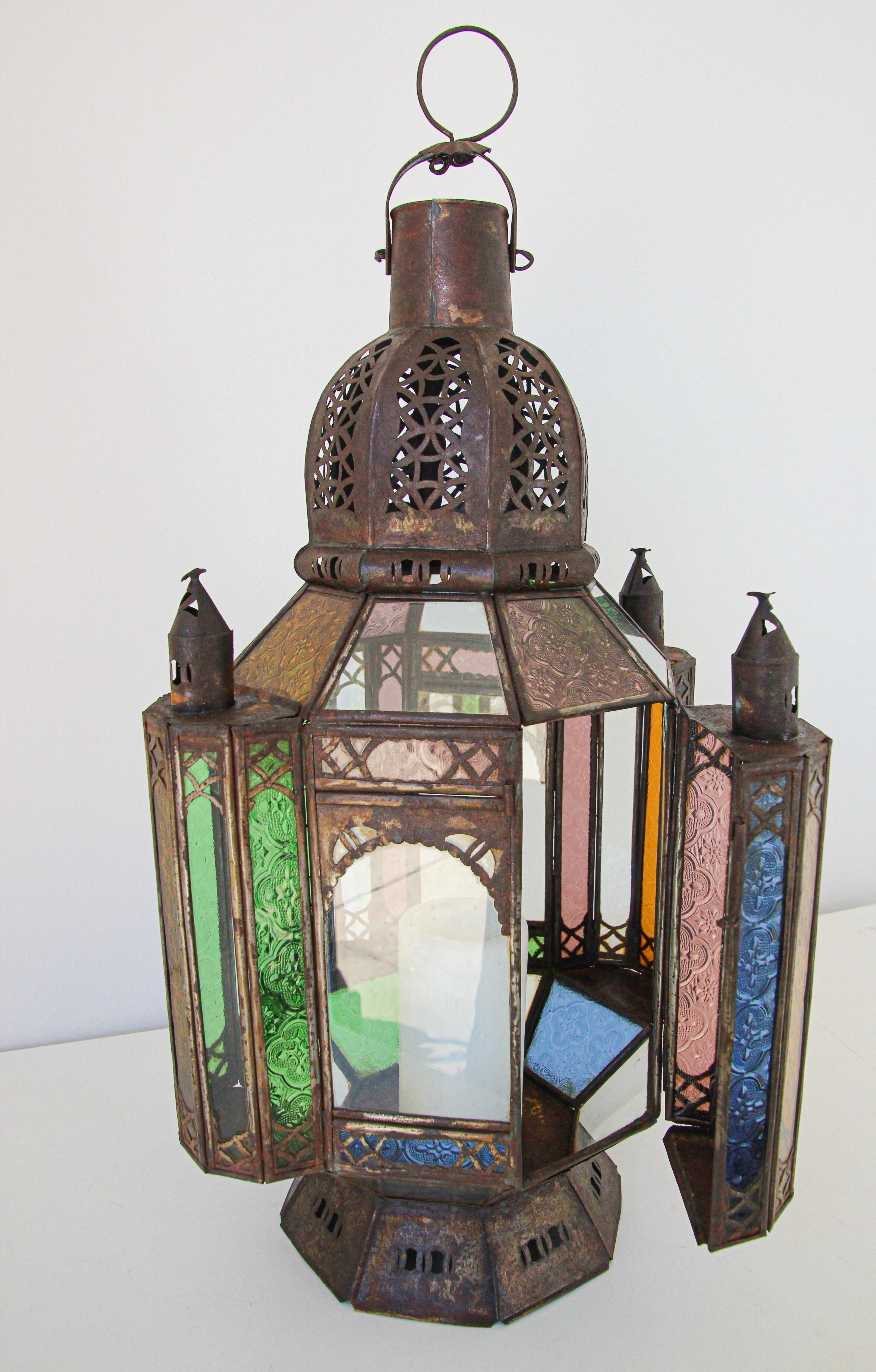 Vintage Moroccan Moorish Metal and Glass Candle Lantern 7