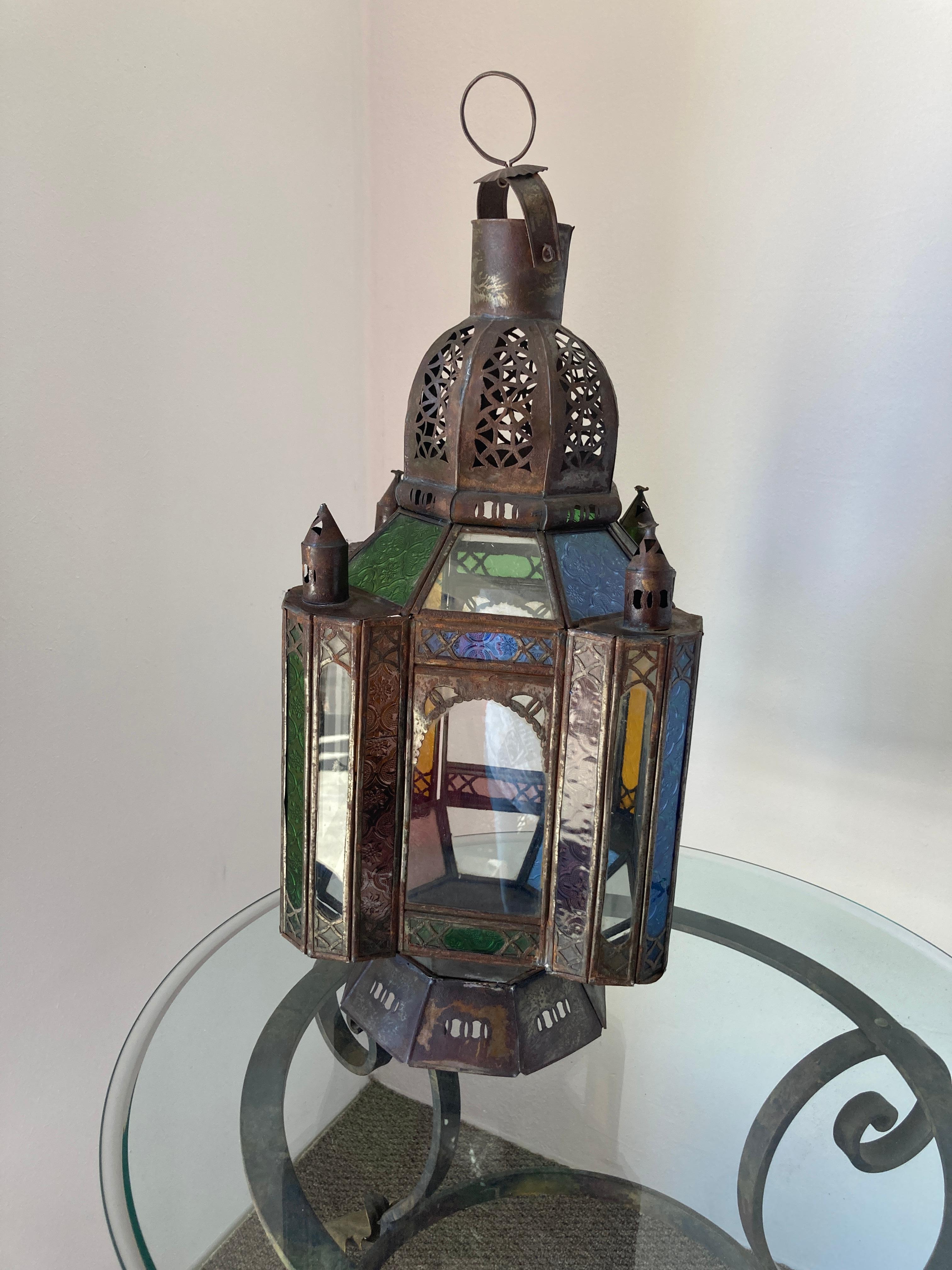 Vintage Moroccan Moorish Metal and Glass Candle Lantern 8
