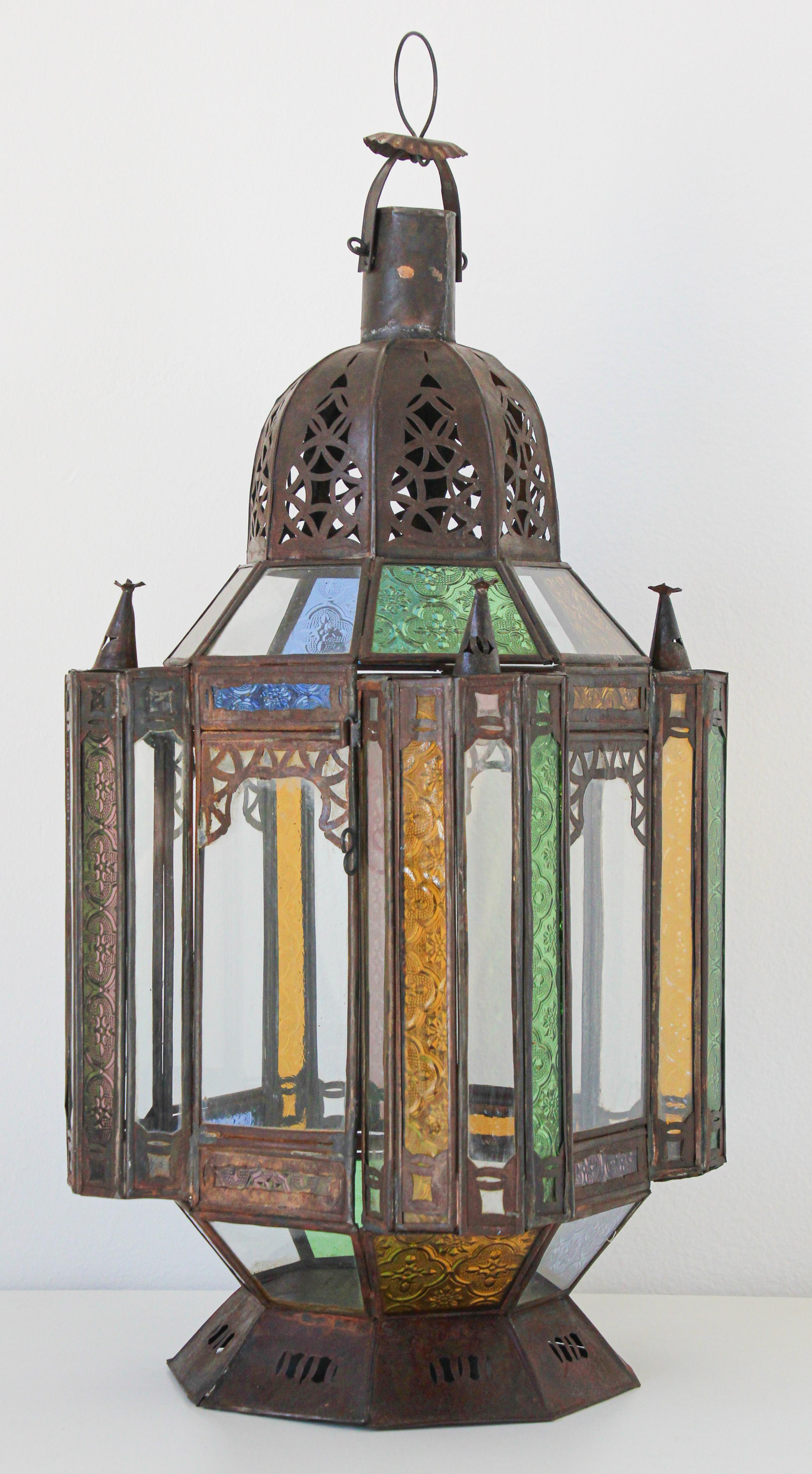 Vintage Moroccan Moorish Metal and Glass Candle Lantern 11
