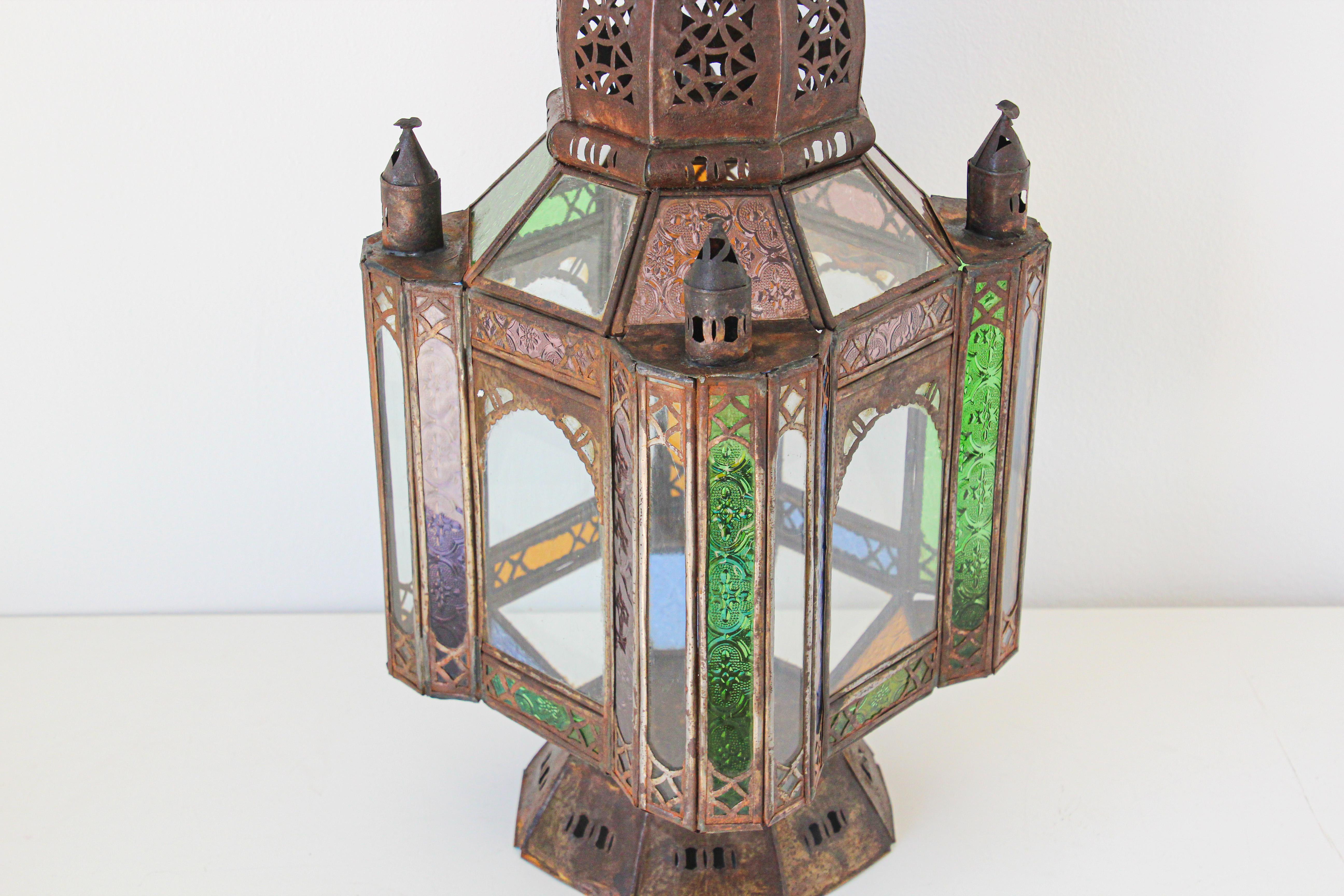 Hand-Crafted Vintage Moroccan Moorish Metal and Glass Candle Lantern