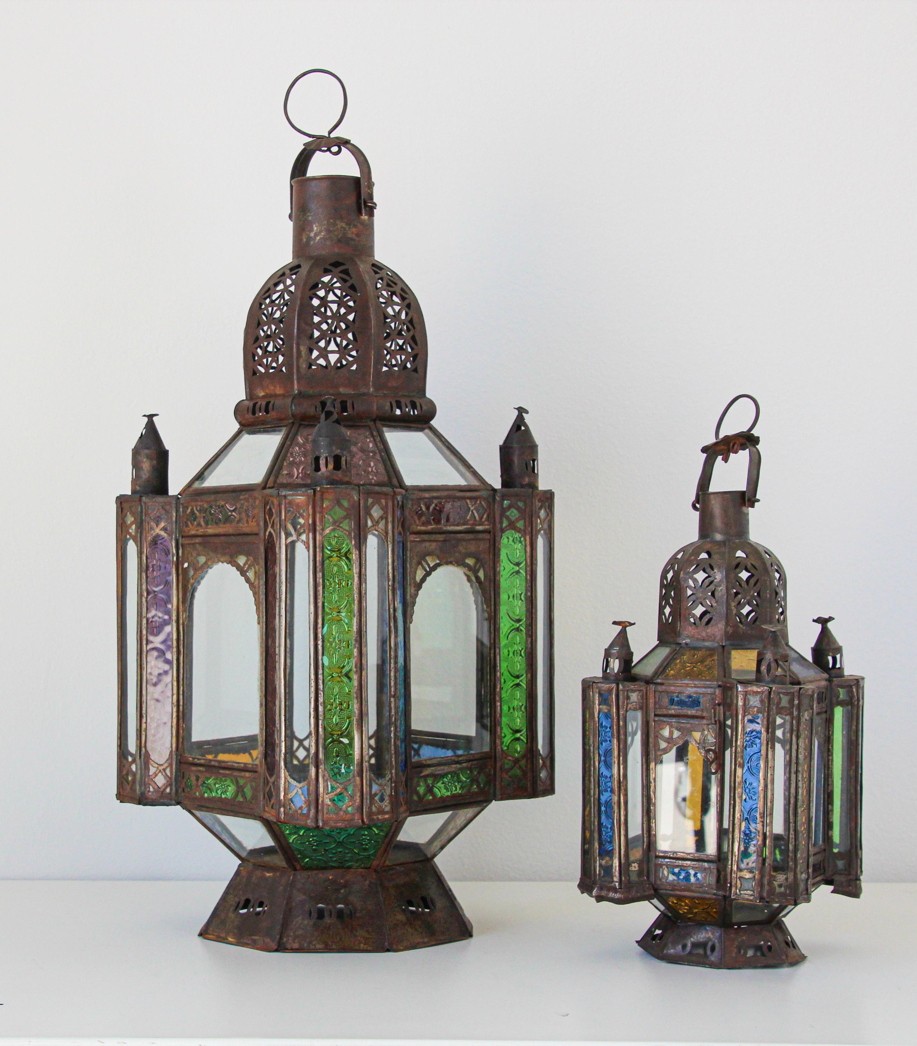 Vintage Moroccan Moorish Metal and Glass Candle Lantern In Good Condition In North Hollywood, CA