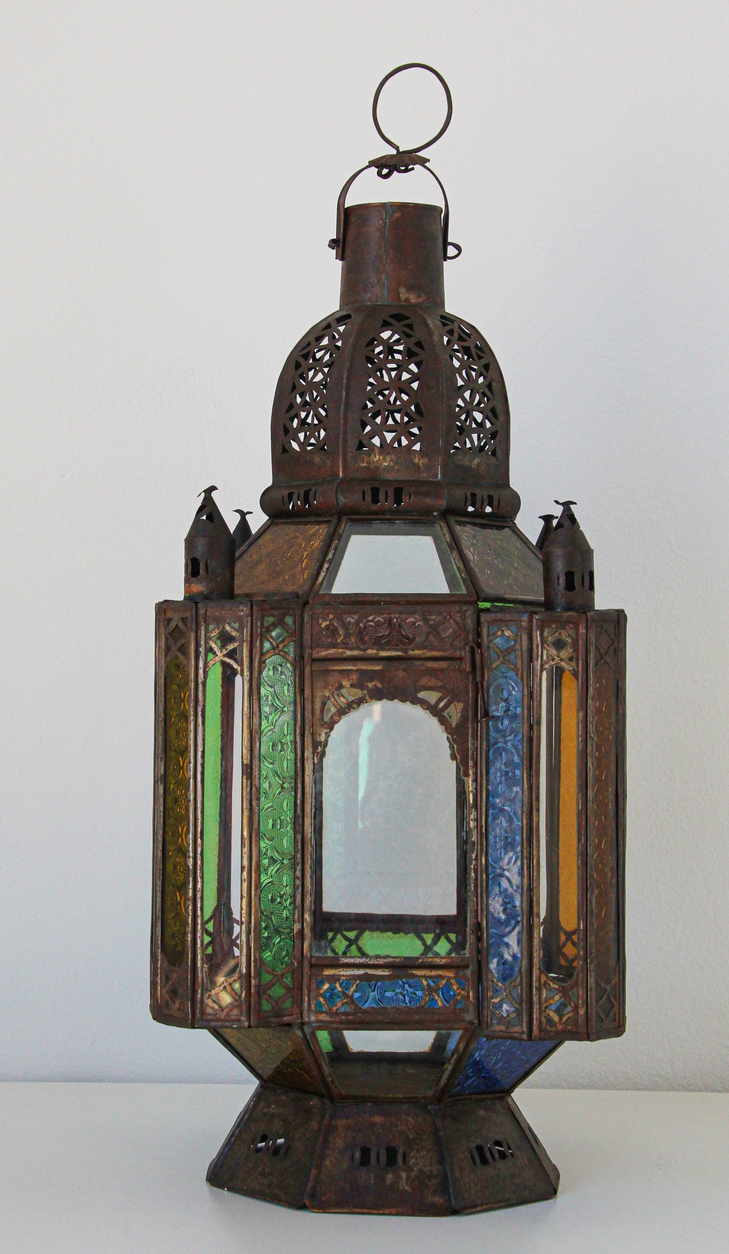 20th Century Vintage Moroccan Moorish Metal and Glass Candle Lantern