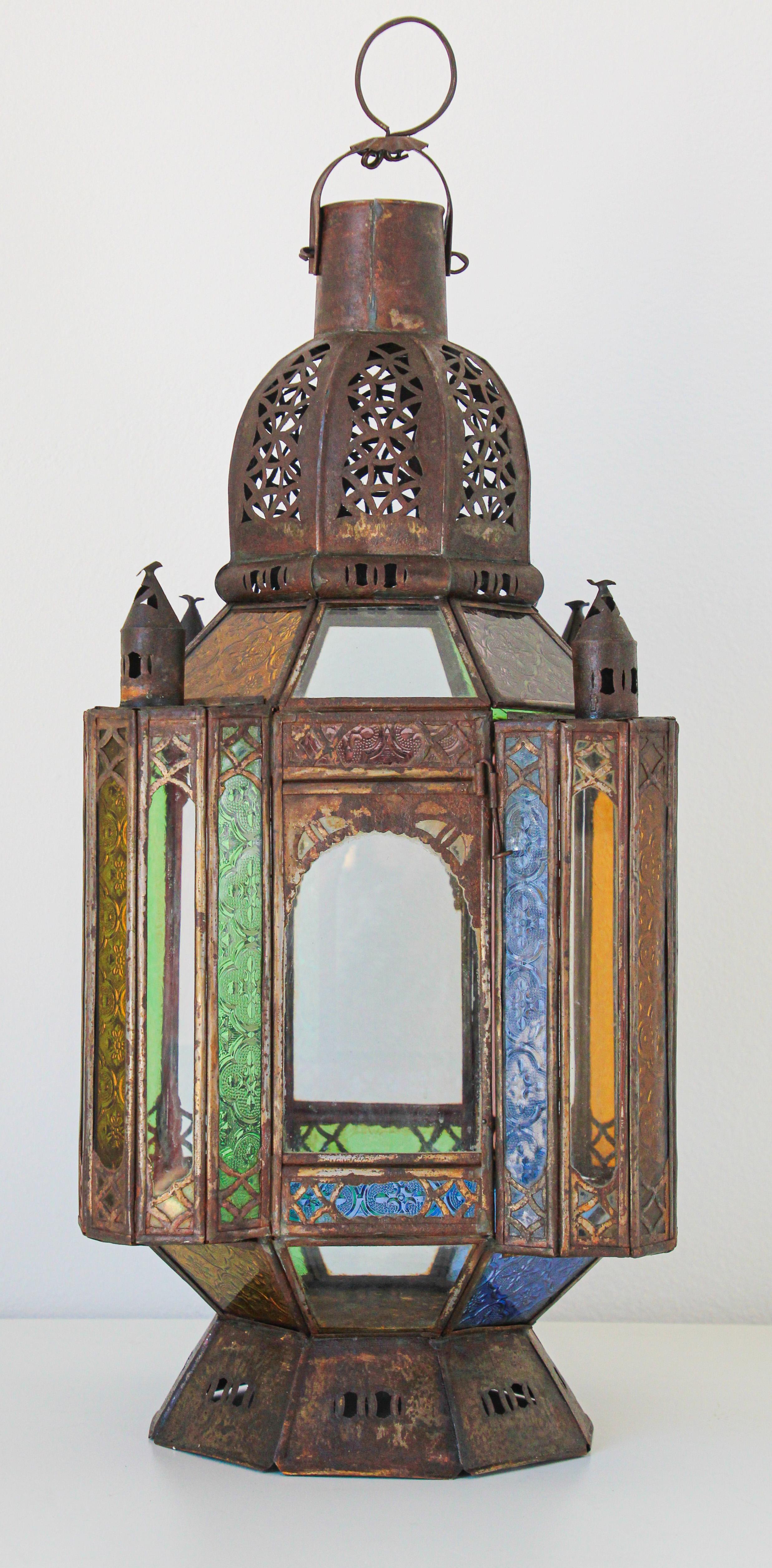 Vintage Moroccan Moorish Metal and Glass Candle Lantern 1