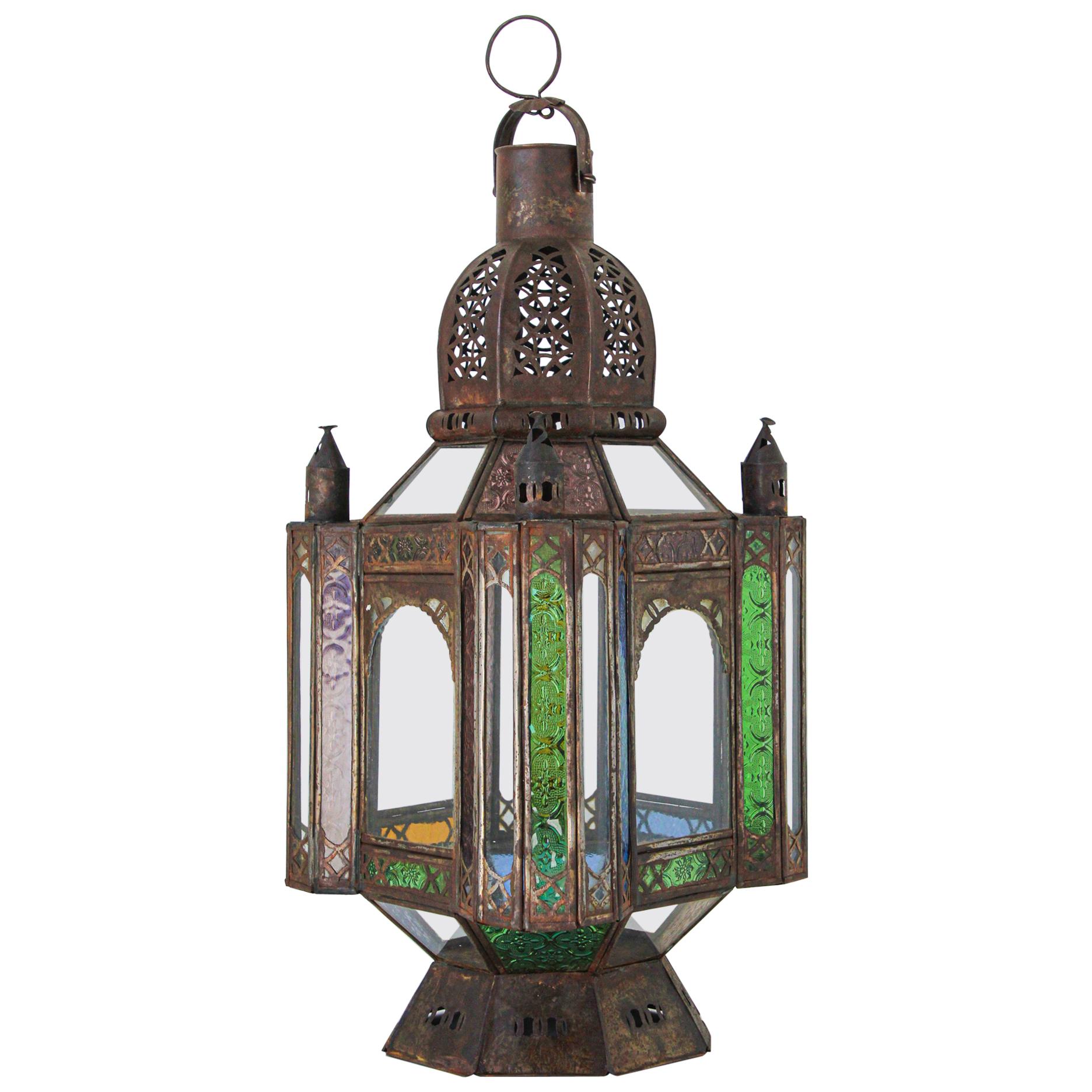 Vintage Moroccan Moorish Metal and Glass Candle Lantern