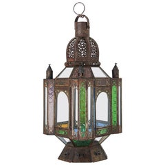 Vintage Moroccan Moorish Metal and Glass Candle Lantern