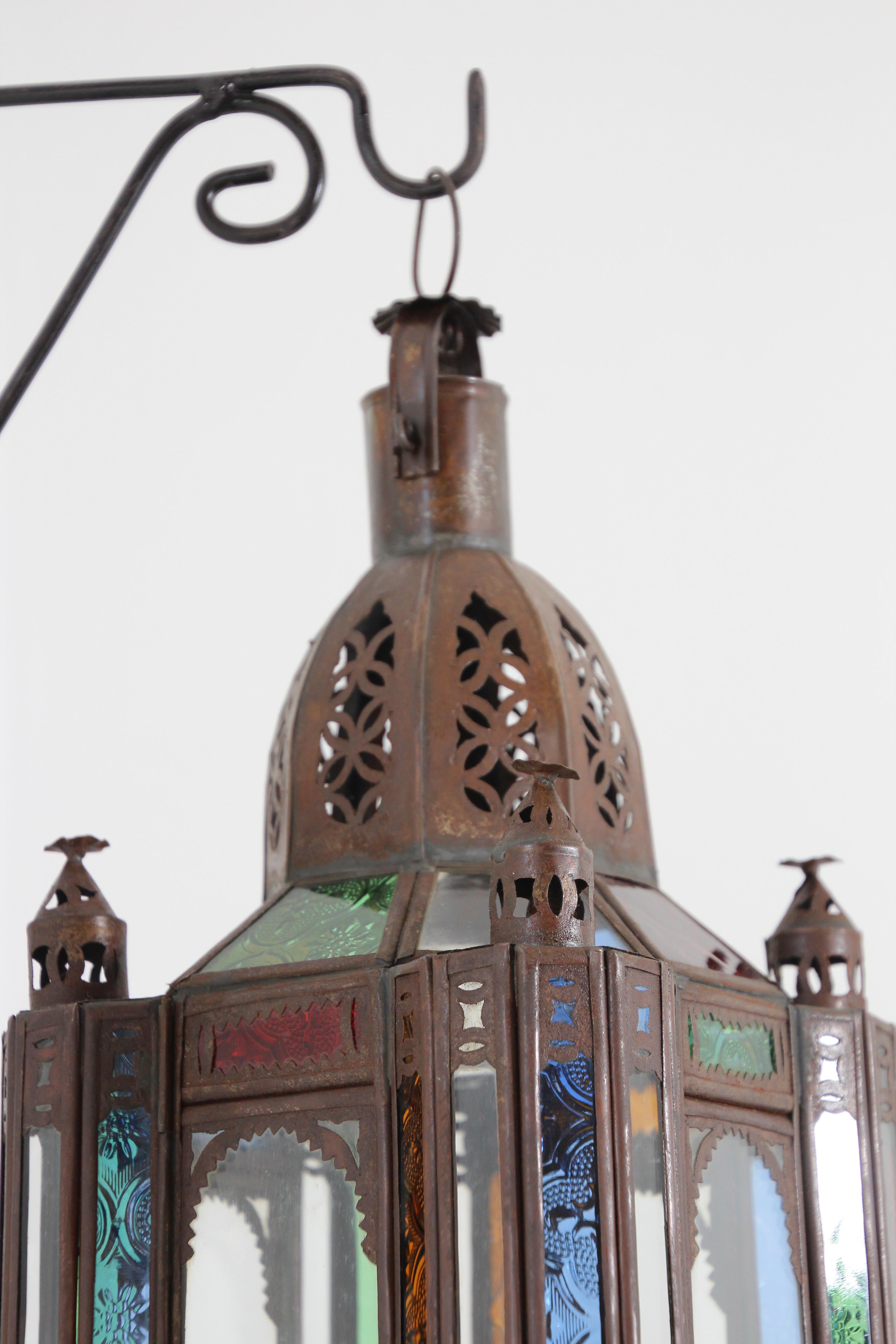 Vintage Moroccan Moorish Metal and Stained Glass Lantern or Pendant For Sale 2