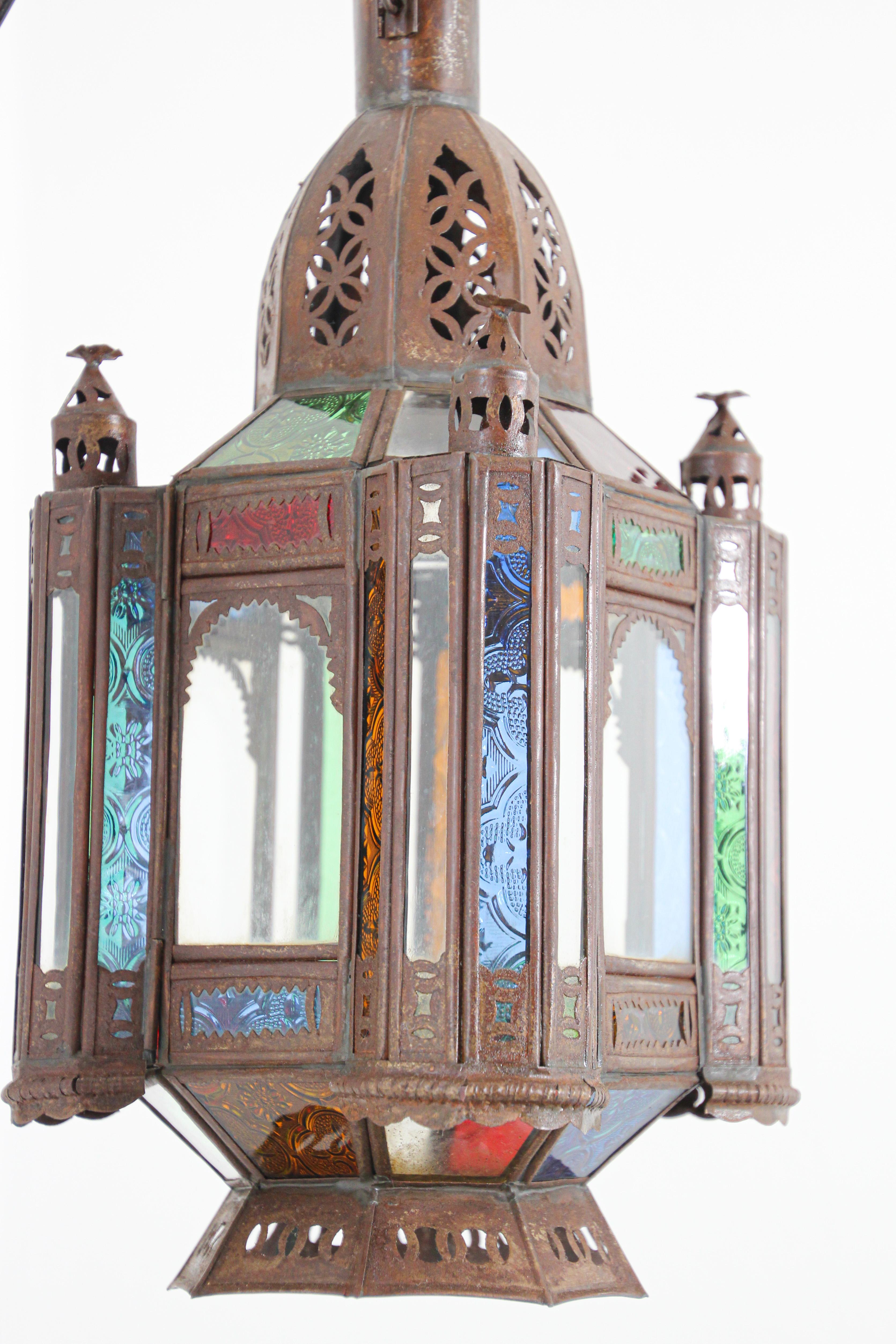 Vintage Moroccan Moorish Metal and Stained Glass Lantern or Pendant For Sale 3