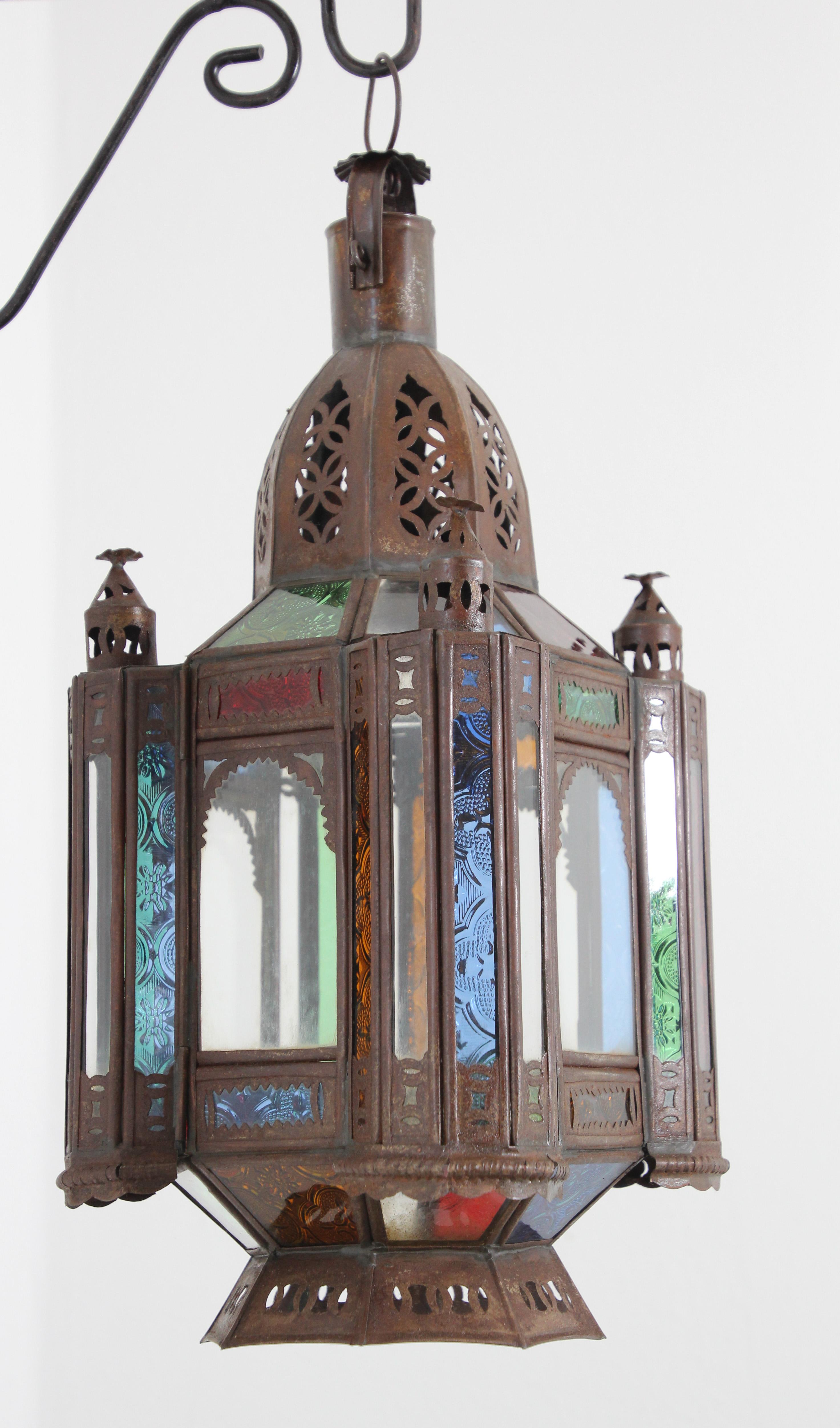 Vintage Moroccan Moorish Metal and Stained Glass Lantern or Pendant For Sale 4