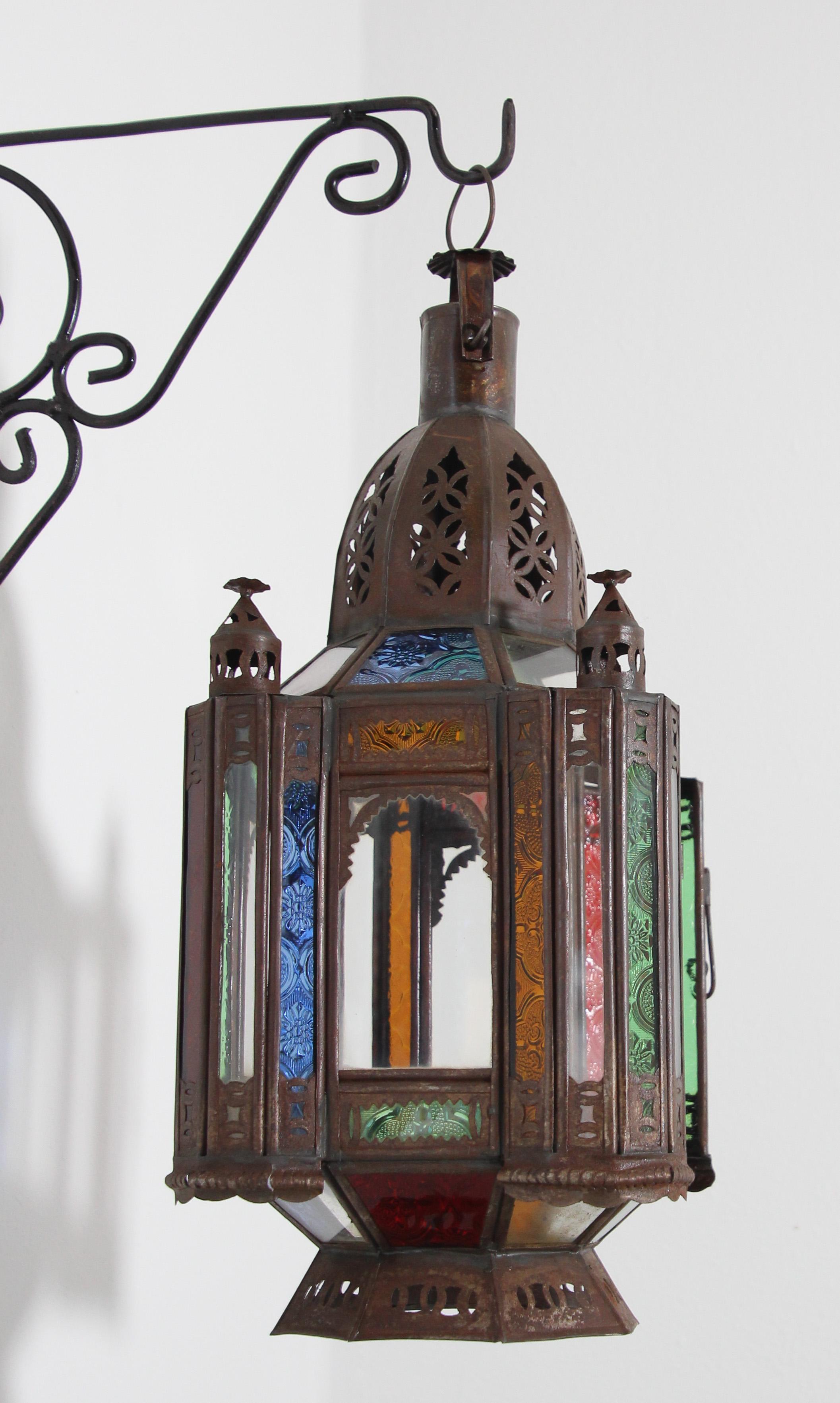 Vintage Moroccan Moorish Metal and Stained Glass Lantern or Pendant For Sale 5