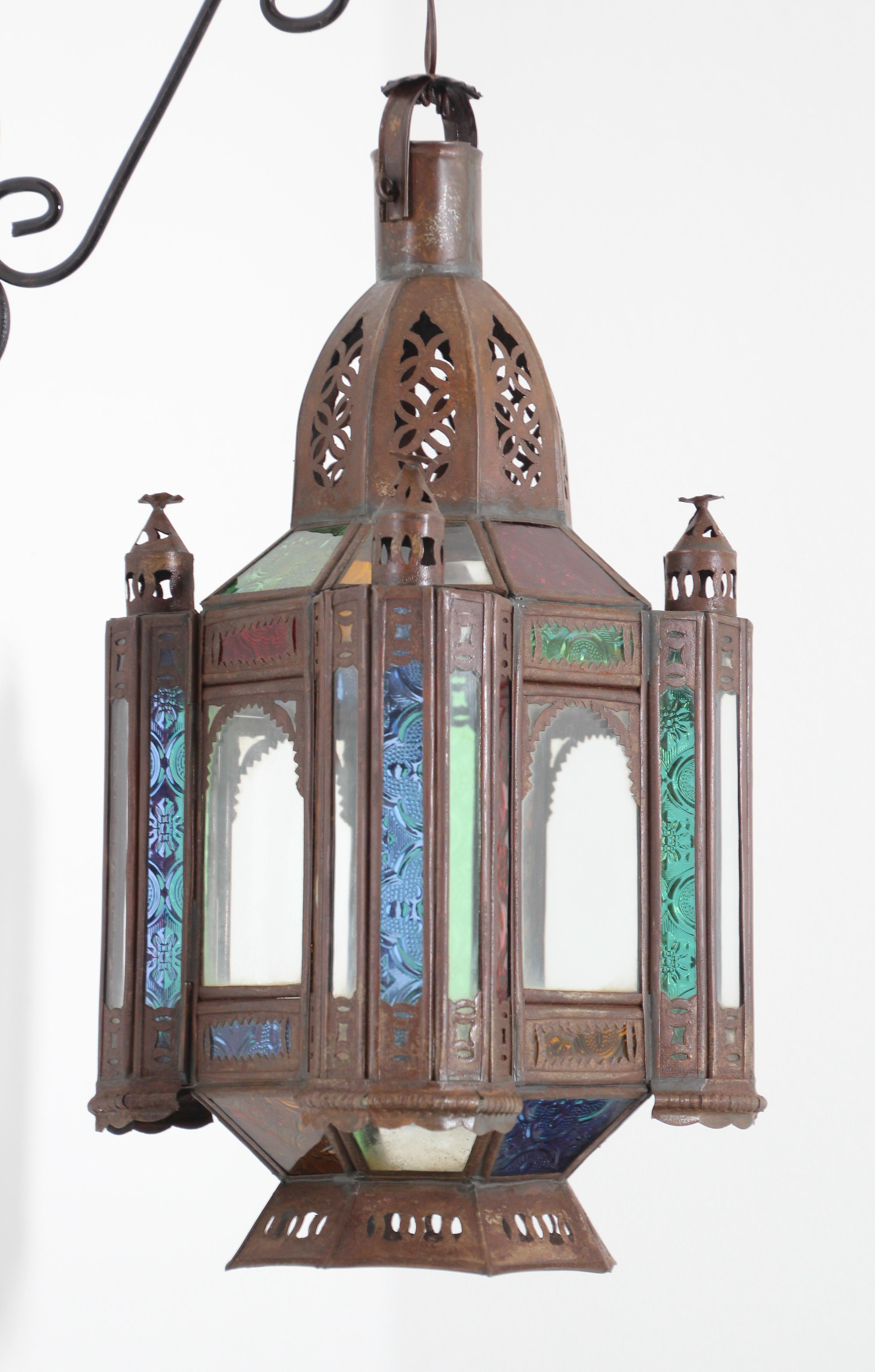 Hand-Crafted Vintage Moroccan Moorish Metal and Stained Glass Lantern or Pendant For Sale