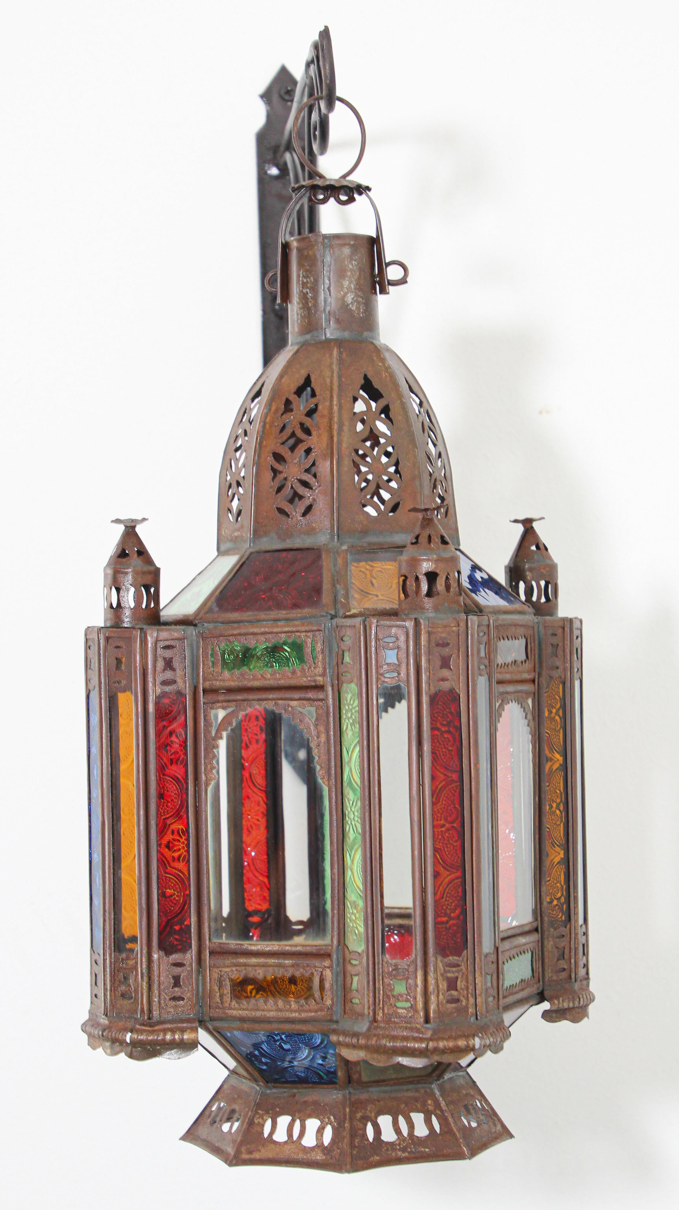 Vintage Moroccan Moorish Metal and Stained Glass Lantern or Pendant In Good Condition For Sale In North Hollywood, CA