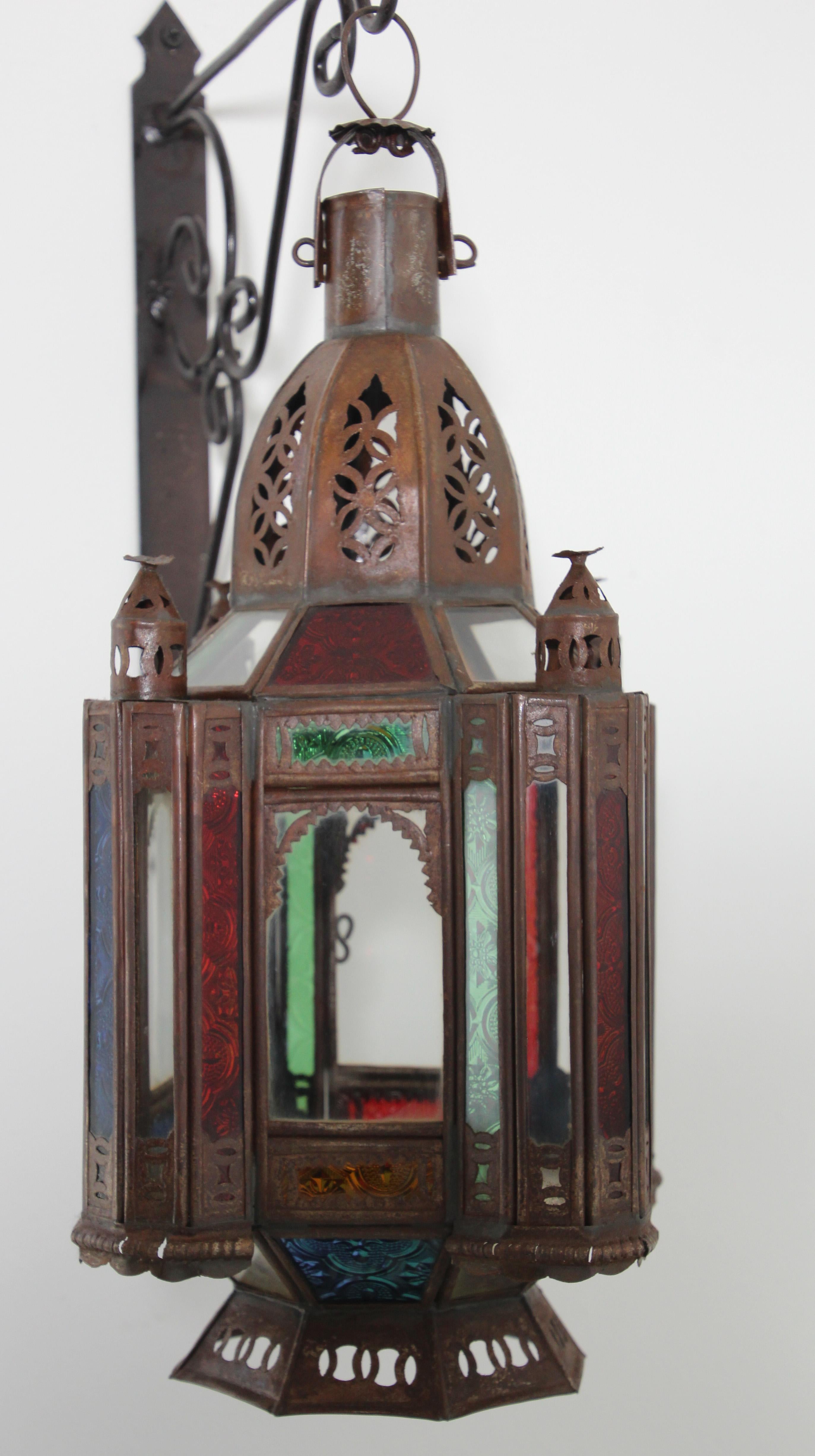 20th Century Vintage Moroccan Moorish Metal and Stained Glass Lantern or Pendant For Sale