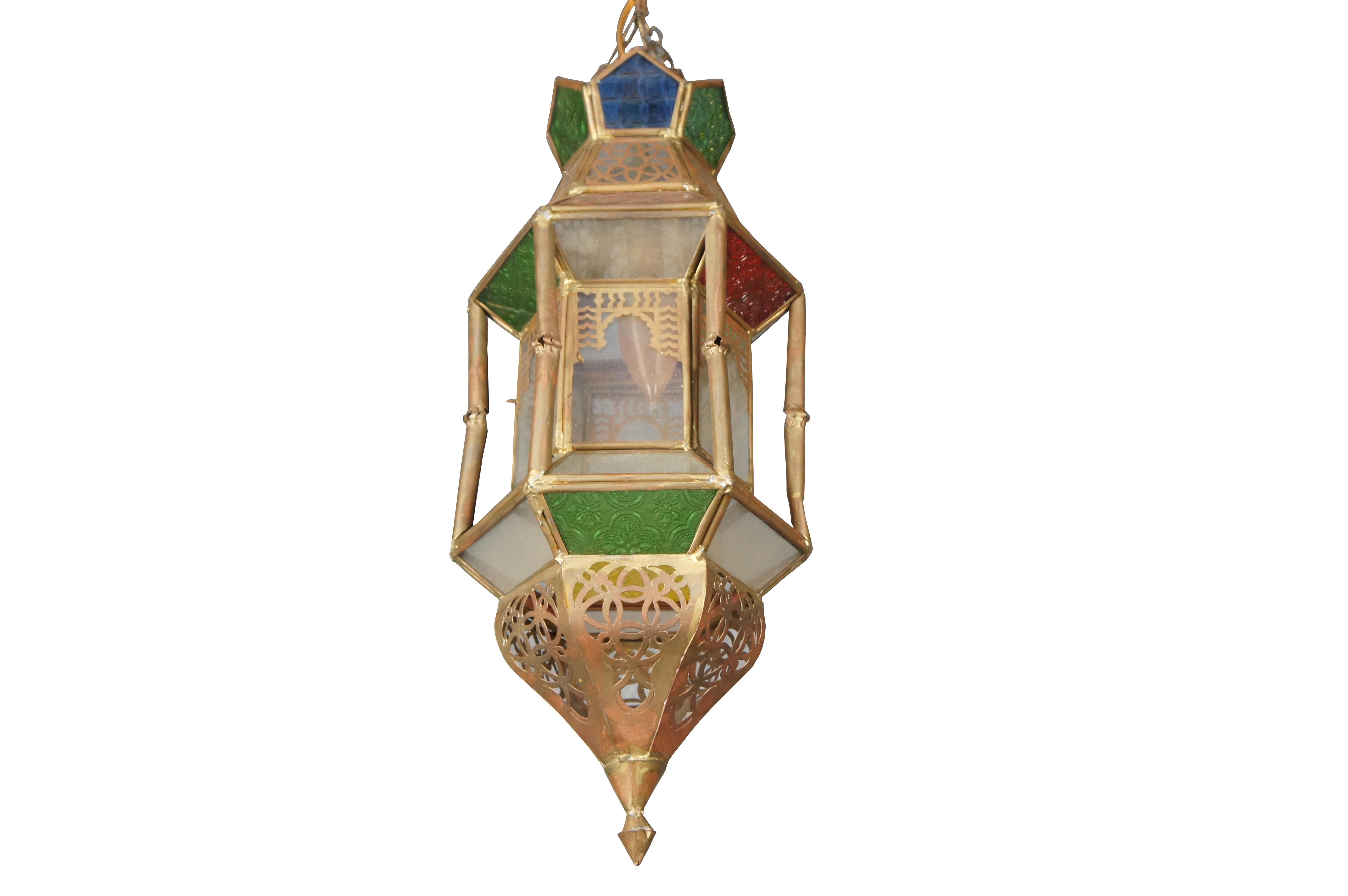 Mauresque Vintage Marocain Maure Pierce Brass Stained Glass Swag Lamp Lantern Light 17
