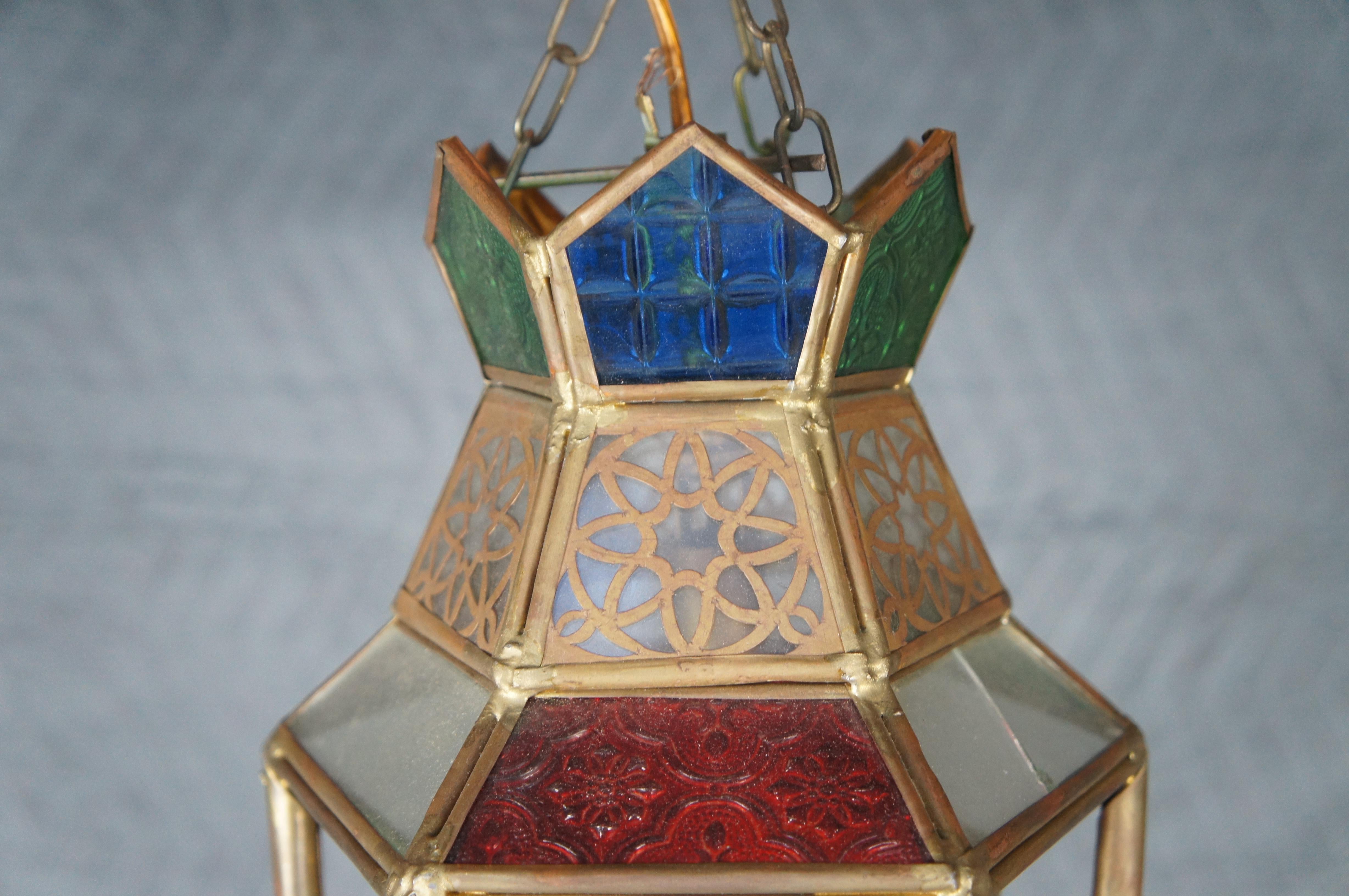 20th Century Vintage Moroccan Moorish Pierced Brass Stained Glass Swag Lamp Lantern Light 17