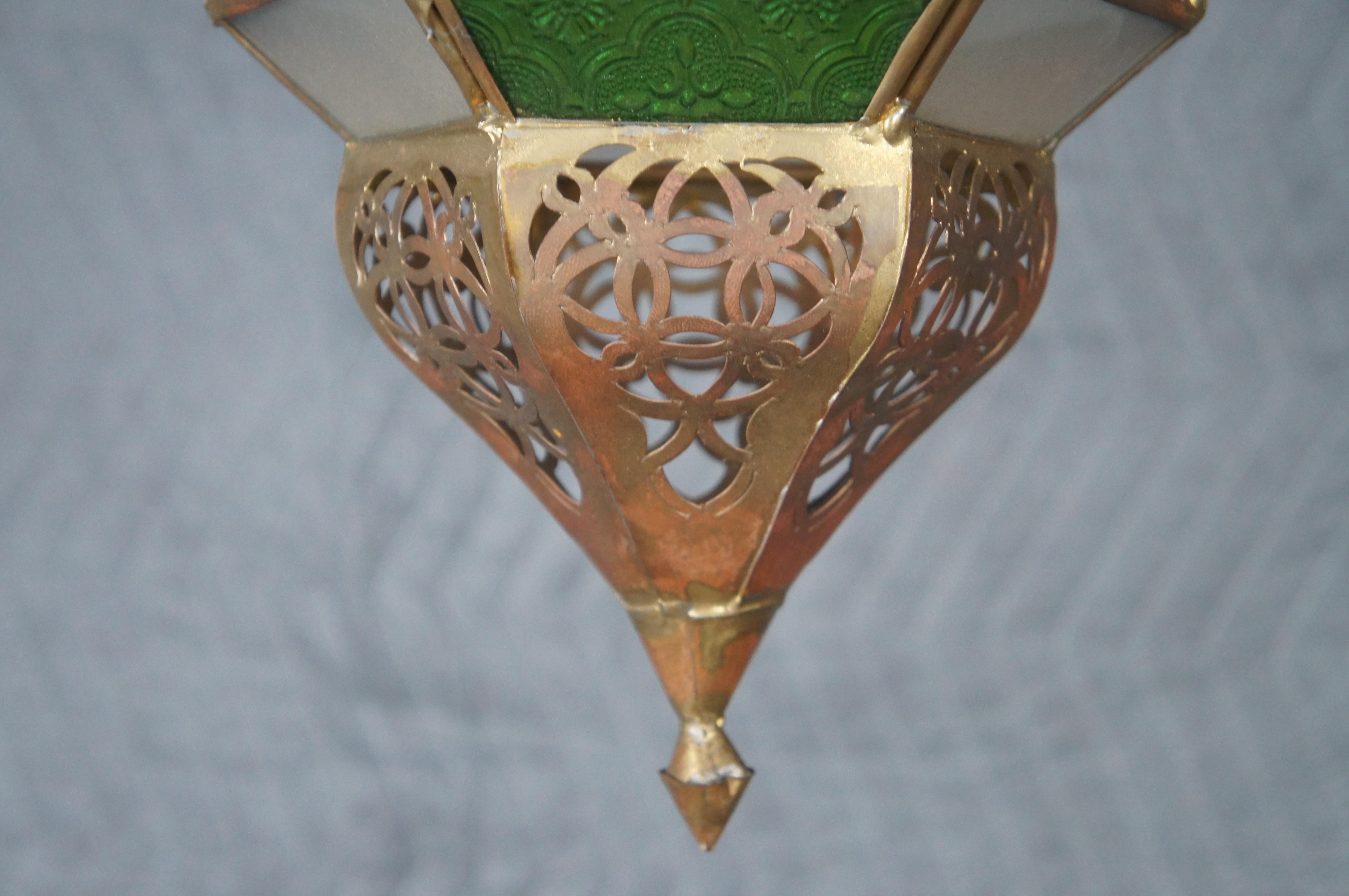 Laiton Vintage Marocain Maure Pierce Brass Stained Glass Swag Lamp Lantern Light 17