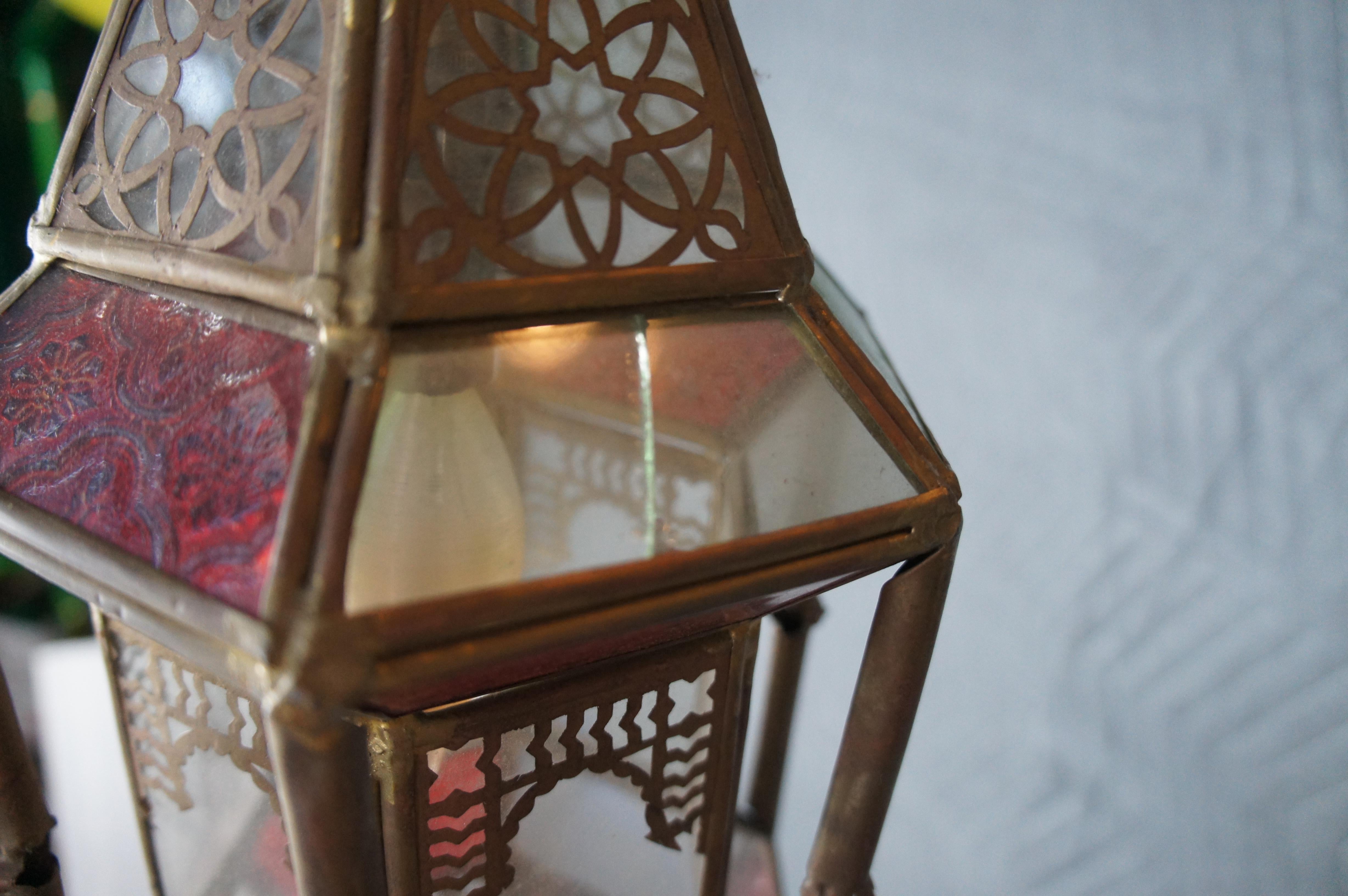 Vintage Moroccan Moorish Pierced Brass Stained Glass Swag Lamp Lantern Light 17