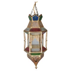 Vintage Moroccan Moorish Pierced Brass Stained Glass Swag Lamp Lantern Light 17"