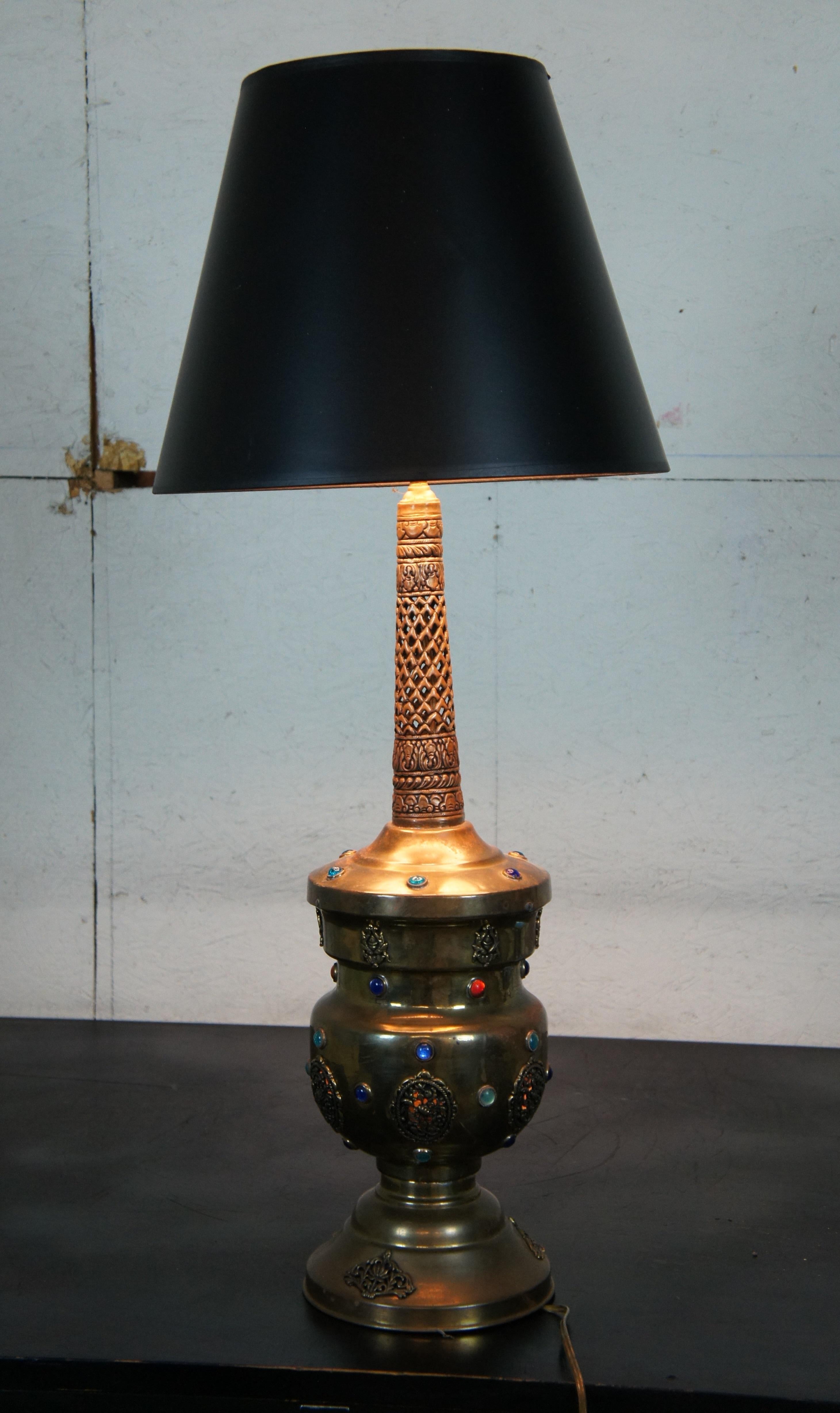 Vintage Moroccan Moorish Pierced Reticulated Jeweled Brass Table Lamp For Sale 8