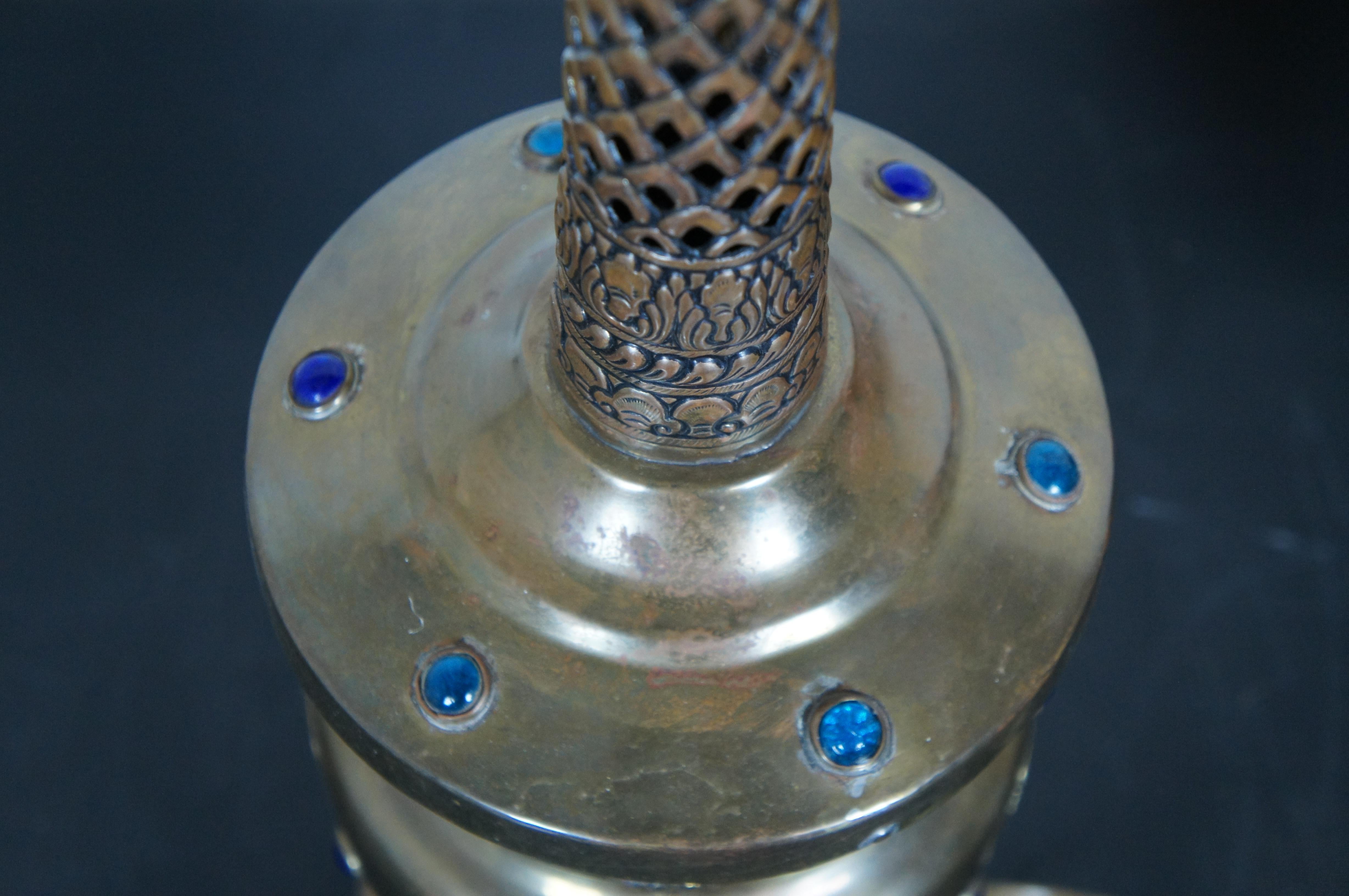 Vintage Moroccan Moorish Pierced Reticulated Jeweled Brass Table Lamp For Sale 3