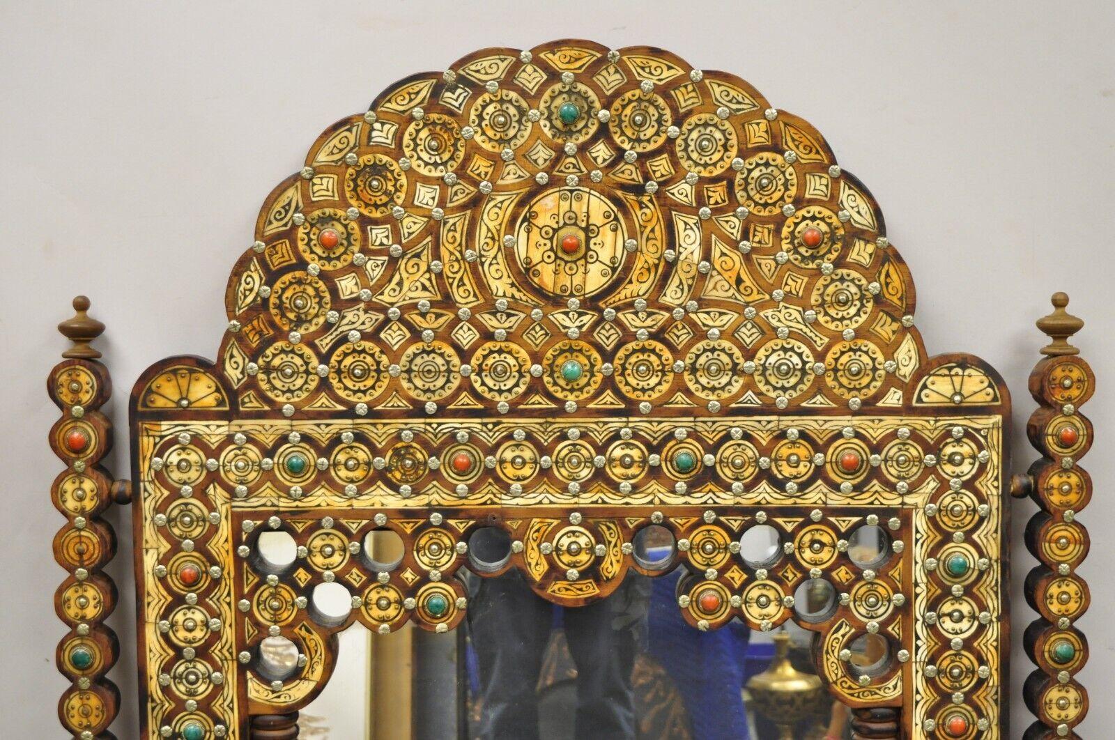 Bohemian Vintage Moroccan Moorish Style Carved Wood Mirror with Jewel Accents