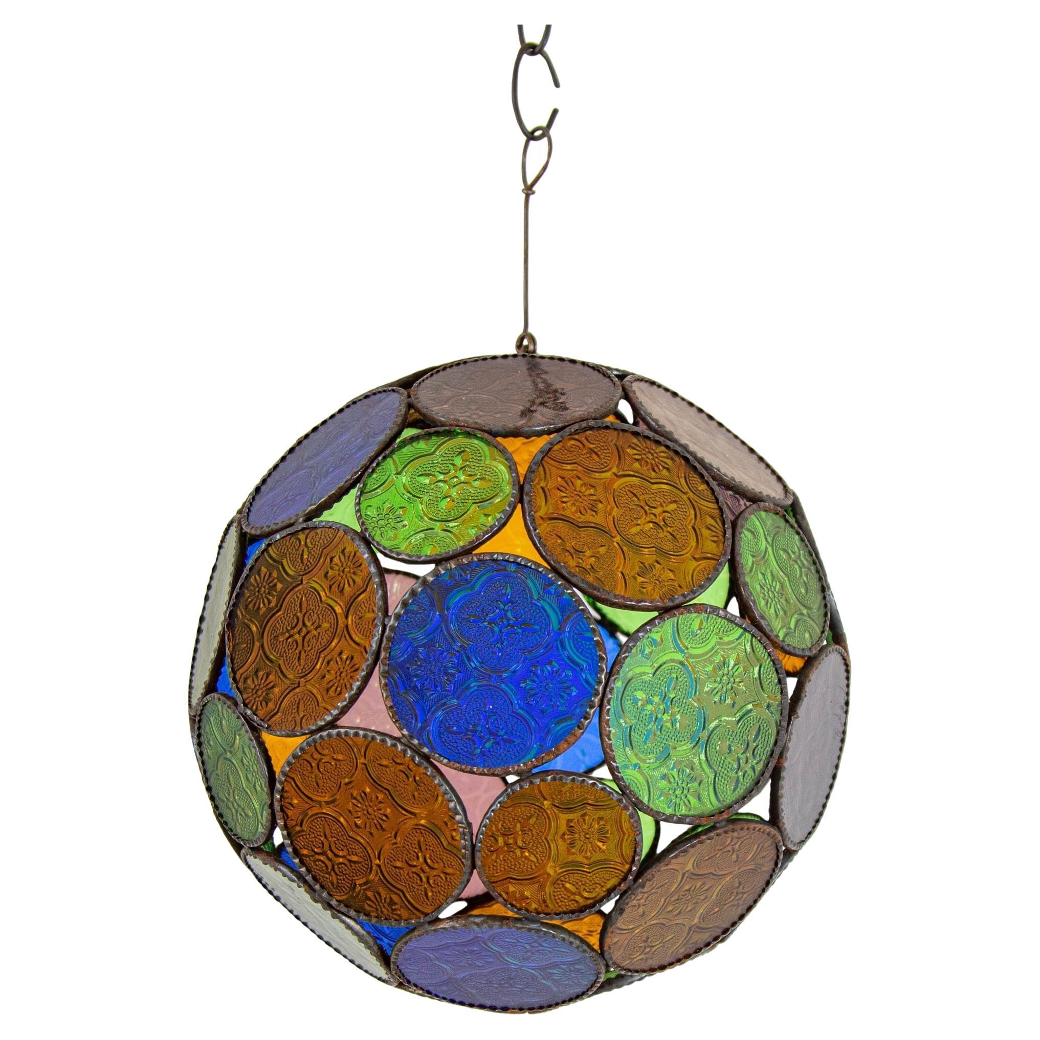 Vintage Moroccan Multi-Color Glass Orb Lantern Moorish Style