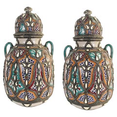 Retro Moroccan Palatial Lidded Pottery Vase or Urn with Brass Inlay, a Pair