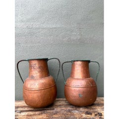 Vintage Moroccan Patinated Hammered Copper Water Jugs - A Pair