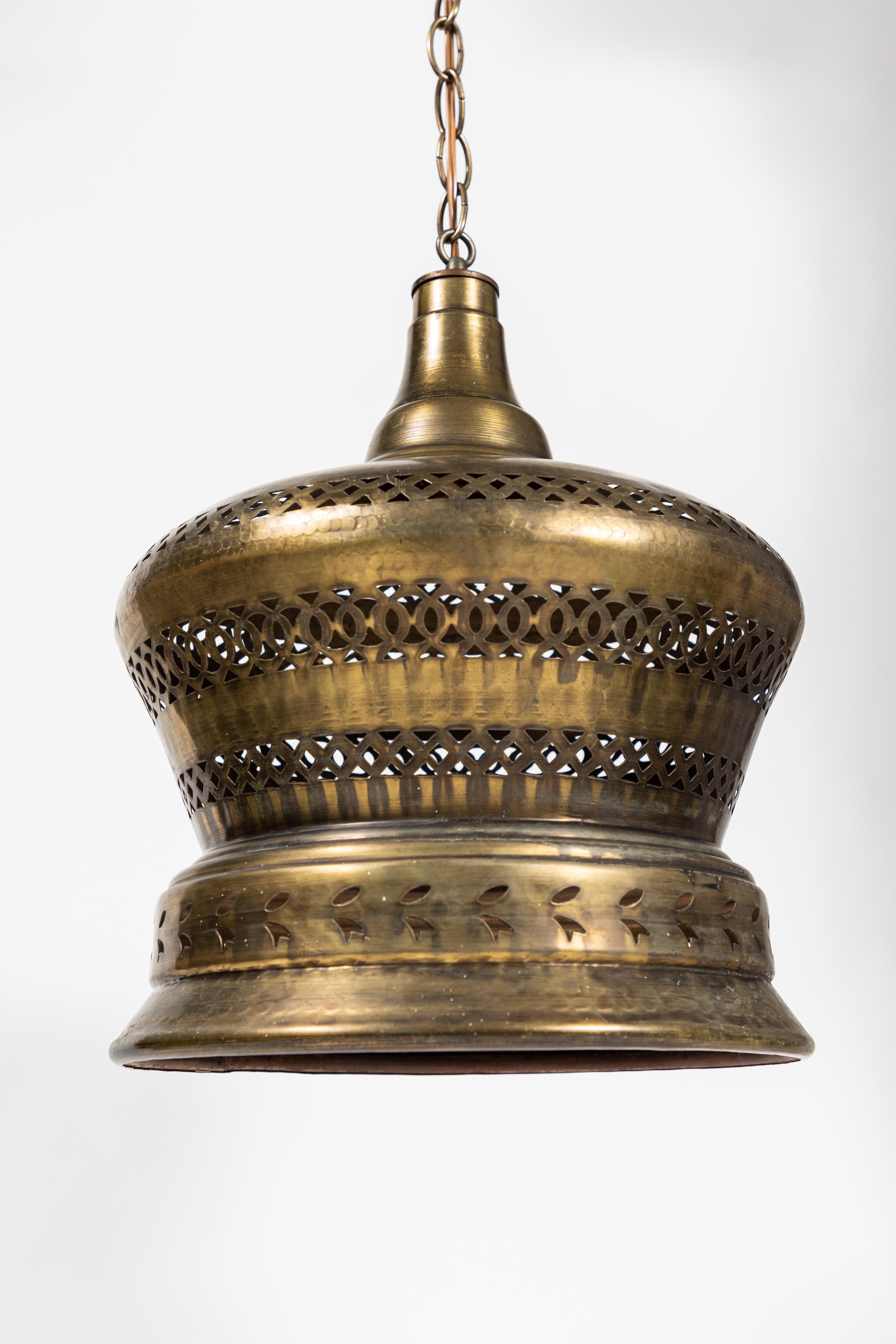 Vintage Moroccan pierced brass hanging lantern. Newly rewired.