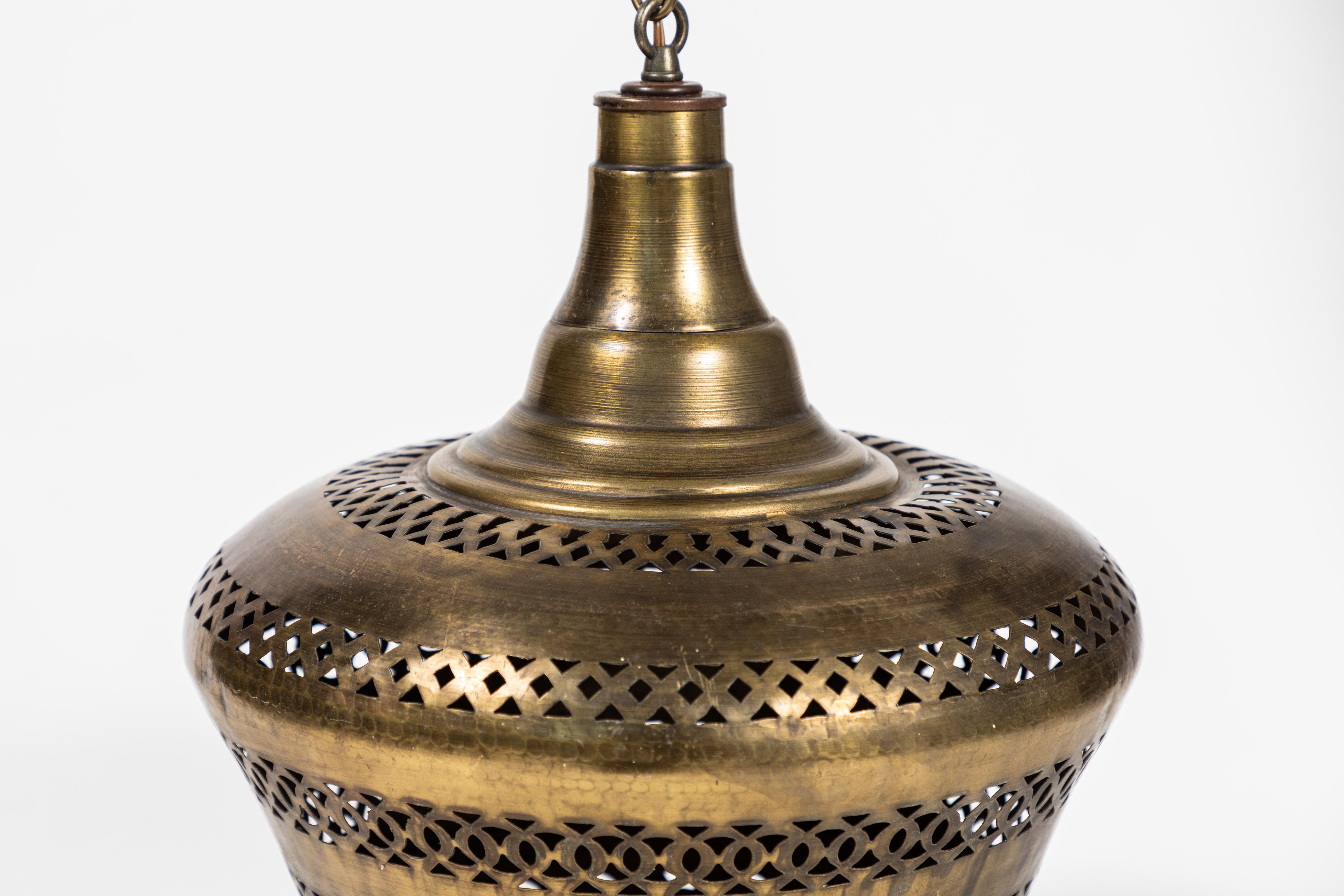 Vintage Moroccan Pierced Brass Hanging Lantern In Good Condition In Pasadena, CA